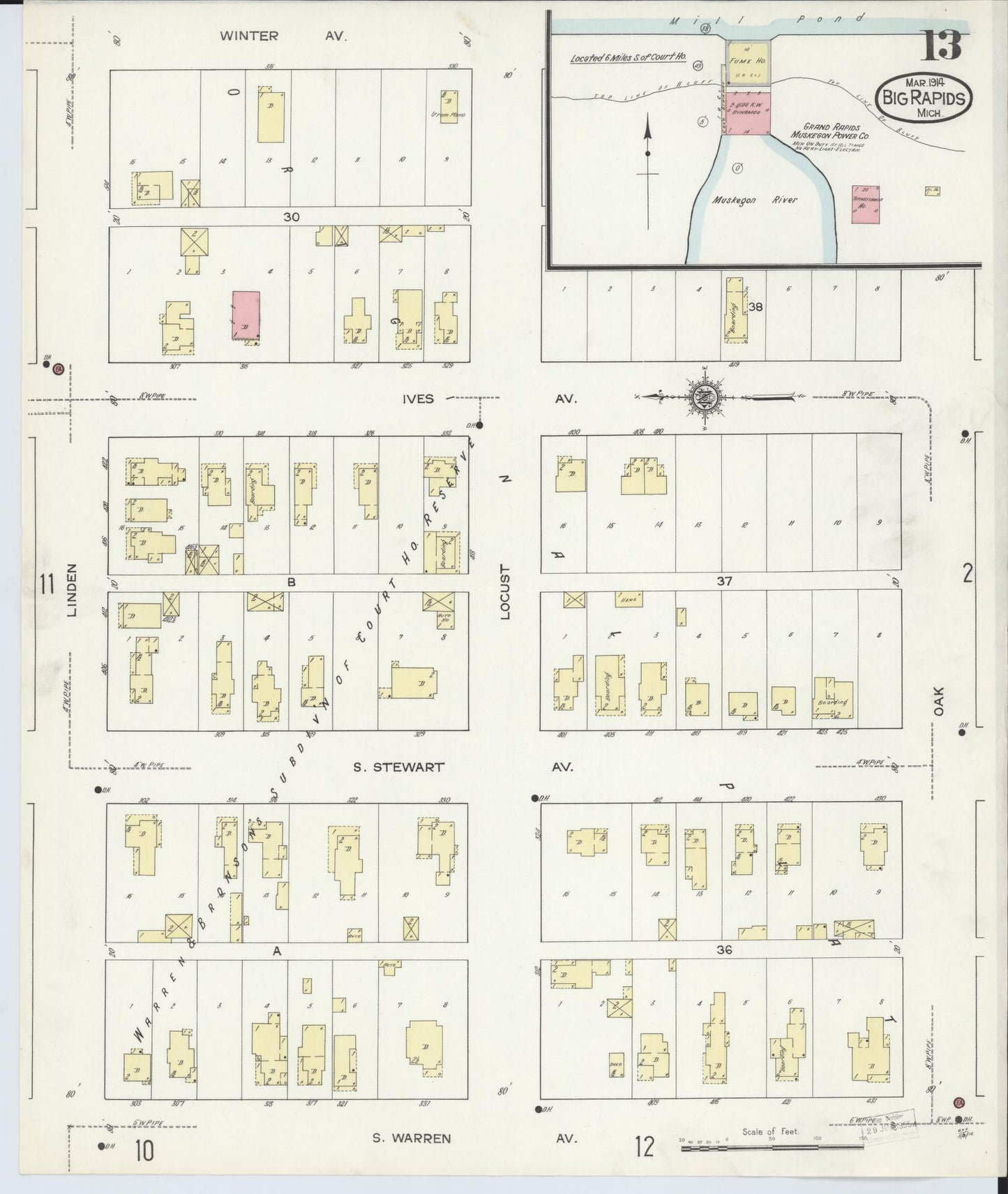 Sanborn Fire Insurance Map from Big Rapids, Mecosta County, Michigan (1914), Sheet #0013 - Complete Map Set gallery image, historic Sanborn map, vintage wall art, Michigan Michigan