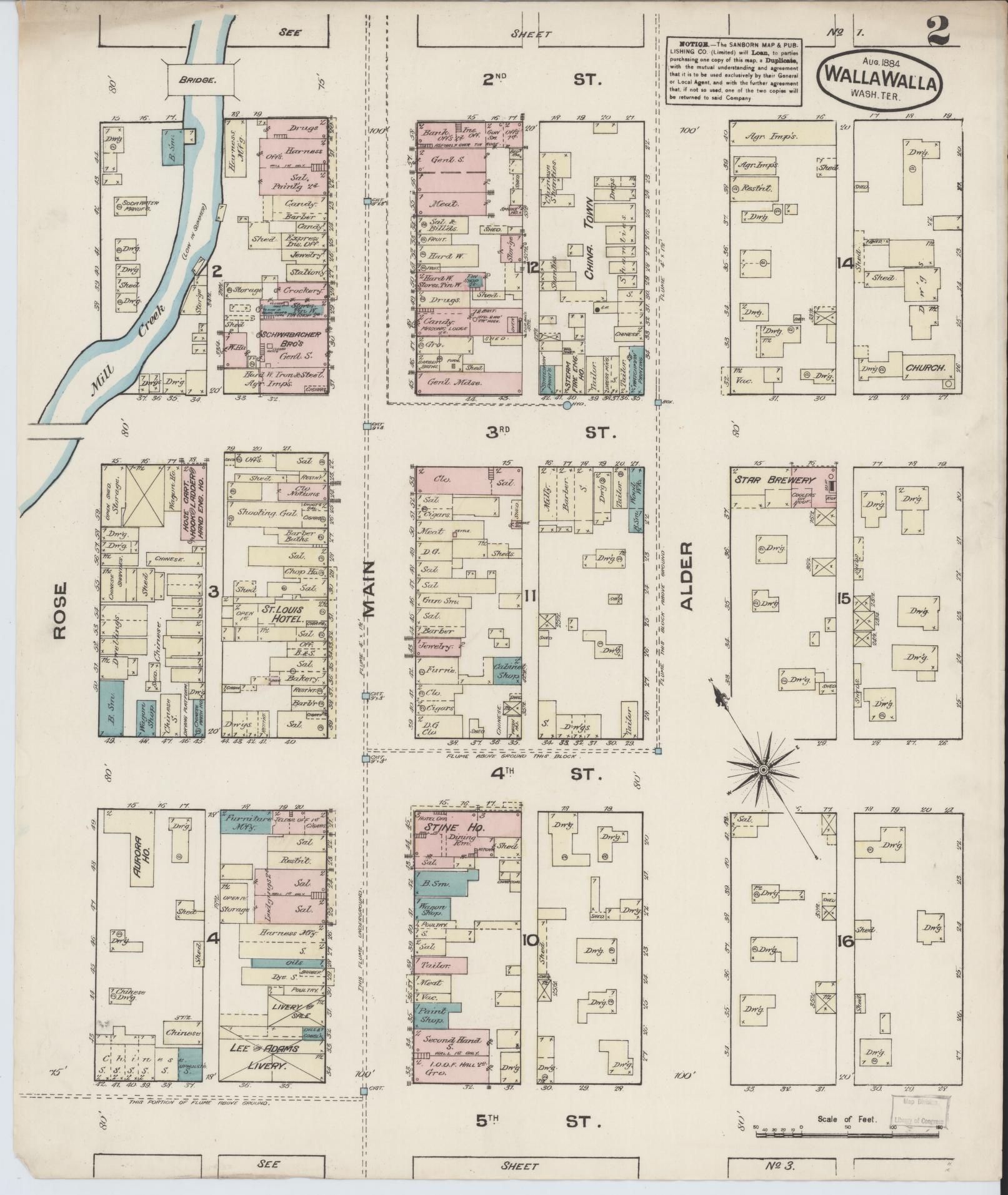 Sanborn Fire Insurance Map from Walla Walla, Walla Walla County, Washington (1884), Sheet #0002 - Complete Map Set gallery image, historic Sanborn map, vintage wall art, Washington Washington