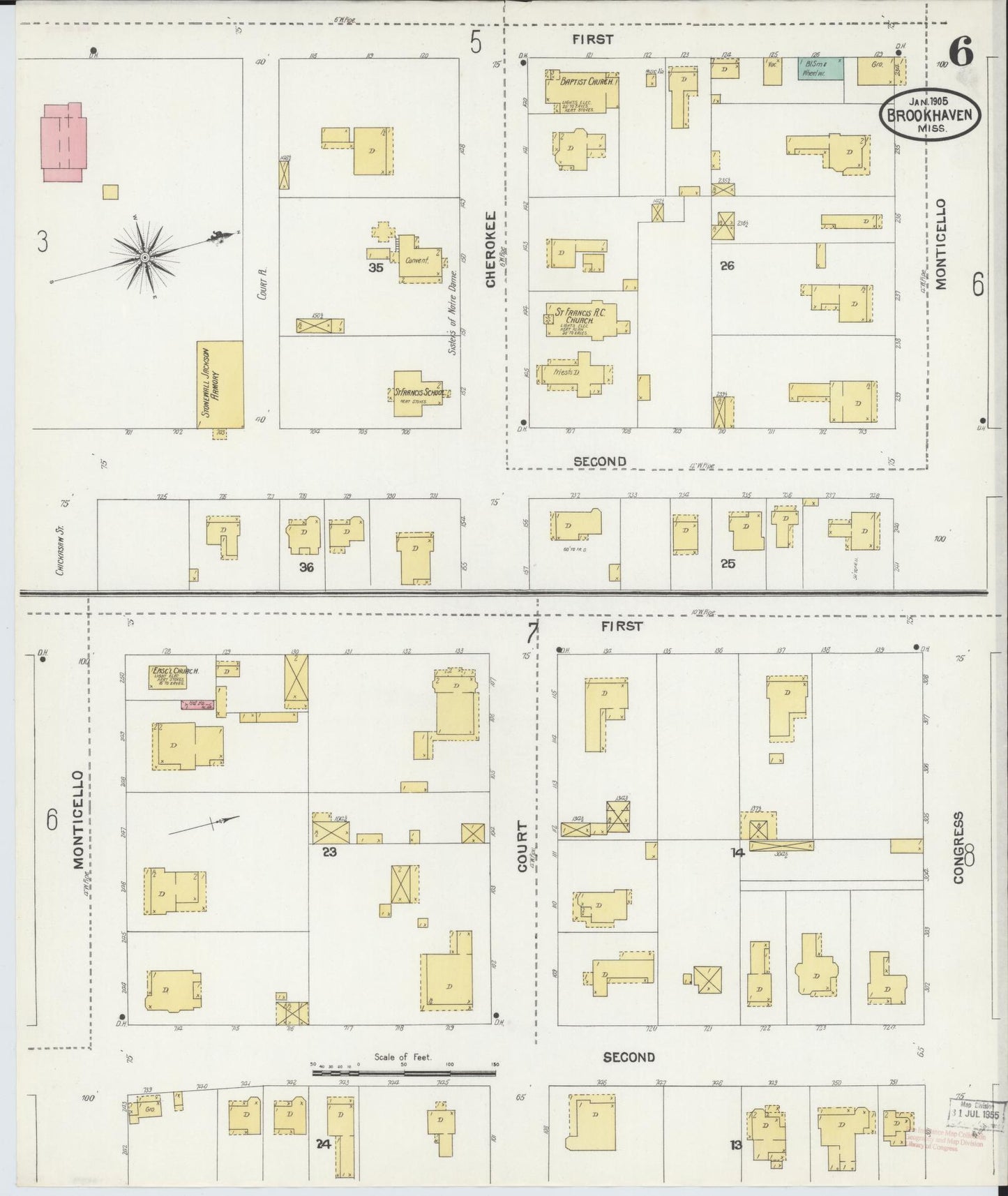 Sanborn Fire Insurance Map from Brookhaven, Lincoln County, Mississippi (1905), Sheet #0006 - Complete Map Set gallery image, historic Sanborn map, vintage wall art, Mississippi Mississippi
