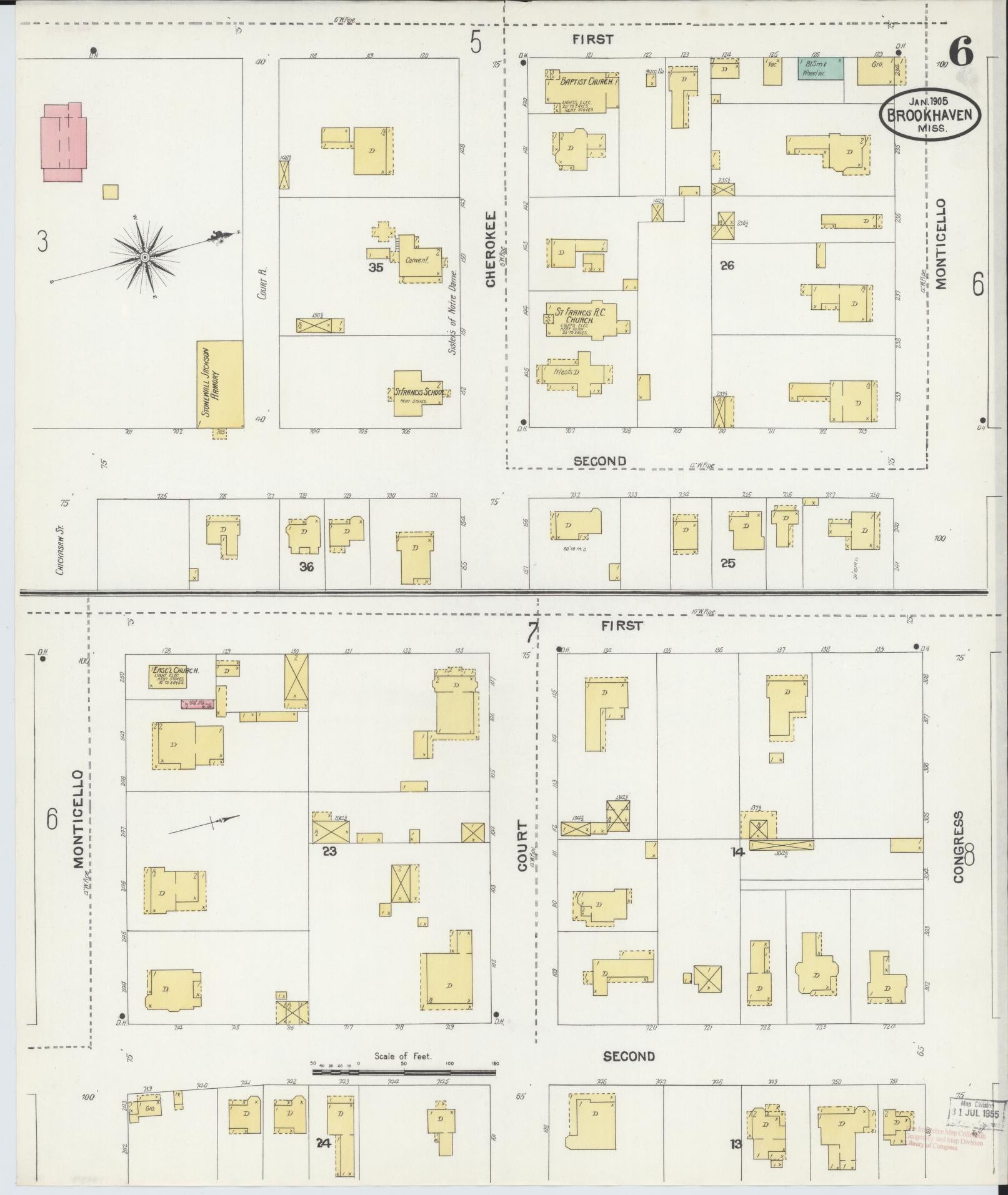 Sanborn Fire Insurance Map from Brookhaven, Lincoln County, Mississippi (1905), Sheet #0006 - Complete Map Set gallery image, historic Sanborn map, vintage wall art, Mississippi Mississippi