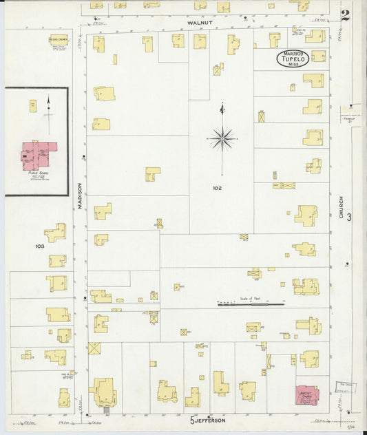 Sanborn Fire Insurance Map from Tupelo, Lee County, Mississippi (1909), Sheet #0002 - Historic Sanborn Fire Insurance Map Print, vintage old map wall art, antique decor, genealogy gift, Mississippi Mississippi map