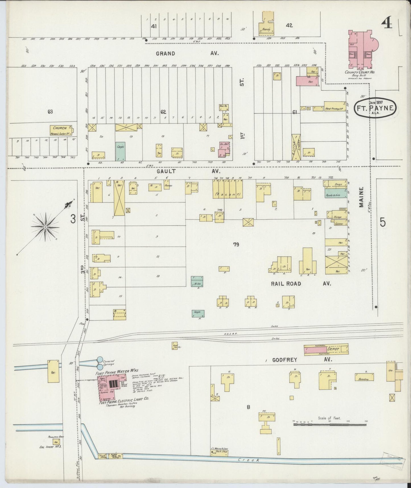 Sanborn Fire Insurance Map from Fort Payne, Dekalb County, Alabama (1897), Sheet #0004 - Historic Sanborn Fire Insurance Map Print, vintage old map wall art, antique decor, genealogy gift, Alabama Alabama map