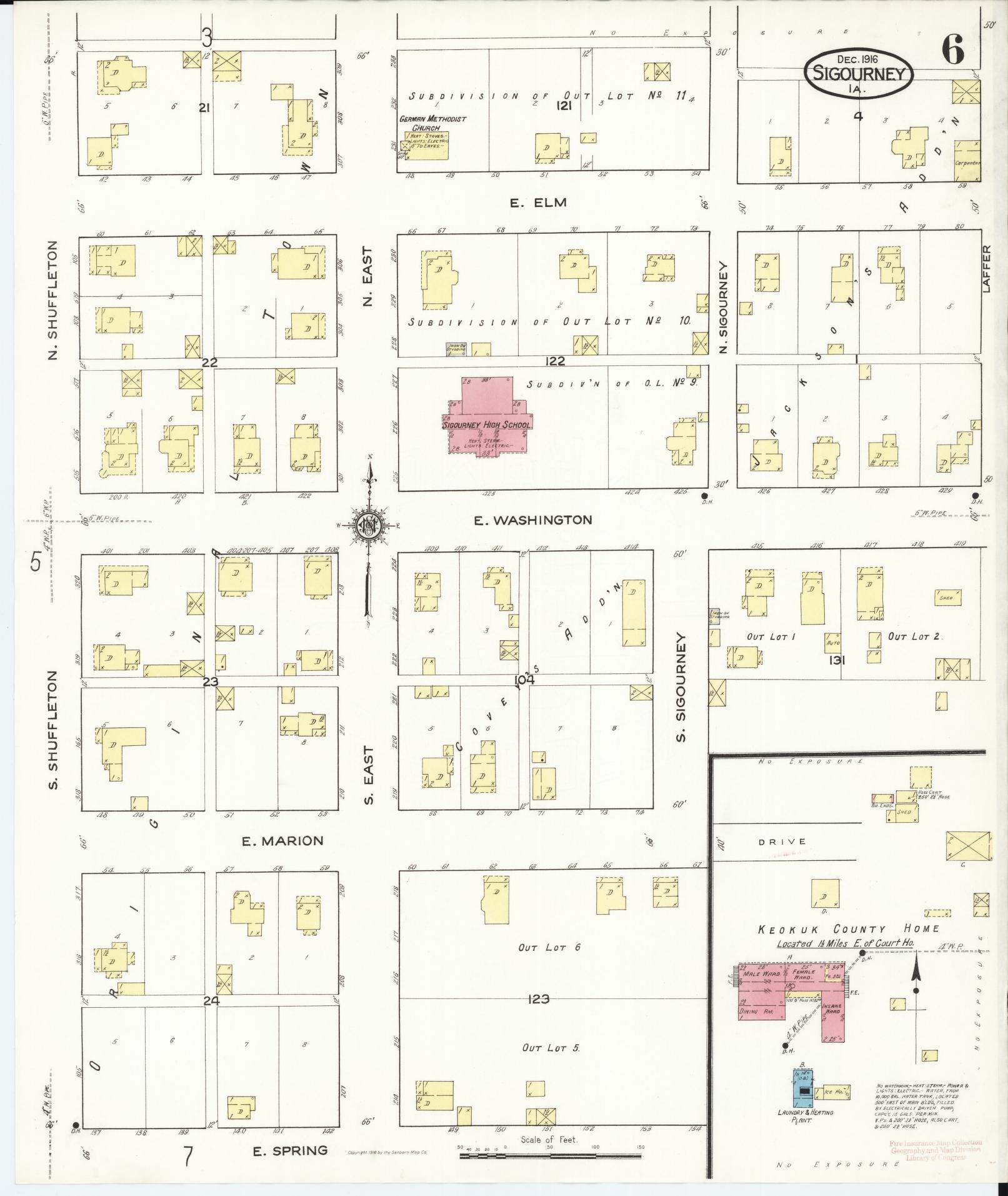 Sanborn Fire Insurance Map from Sigourney, Kiokuk County, Iowa (1916), Sheet #0006 - Historic Sanborn Fire Insurance Map Print, vintage old map wall art