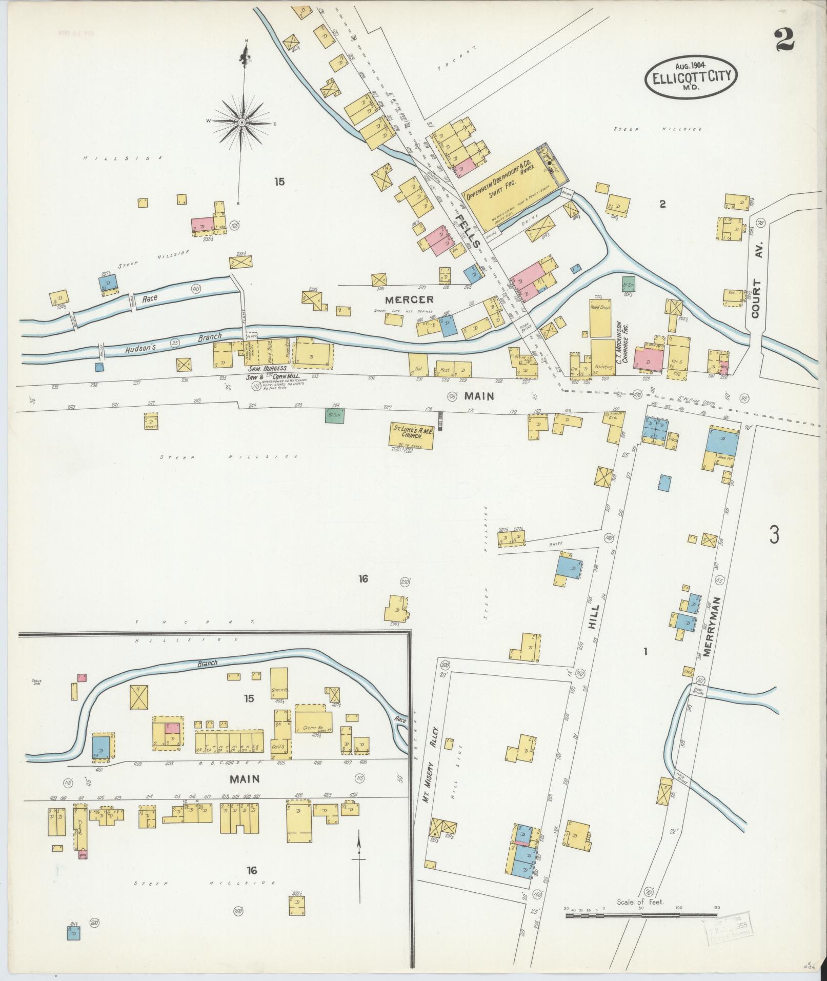 Sanborn Fire Insurance Map from Ellicott City, Howard County, Maryland (1904), Sheet #0002 - Historic Sanborn Fire Insurance Map Print, vintage old map wall art, antique decor, genealogy gift, Maryland Maryland map