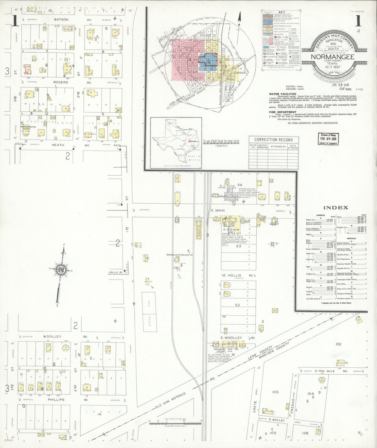 Sanborn Fire Insurance Map from Normangee, Leon County, Texas (1937), Sheet #0001 - Complete Map Set gallery image, historic Sanborn map, vintage wall art, Texas Texas