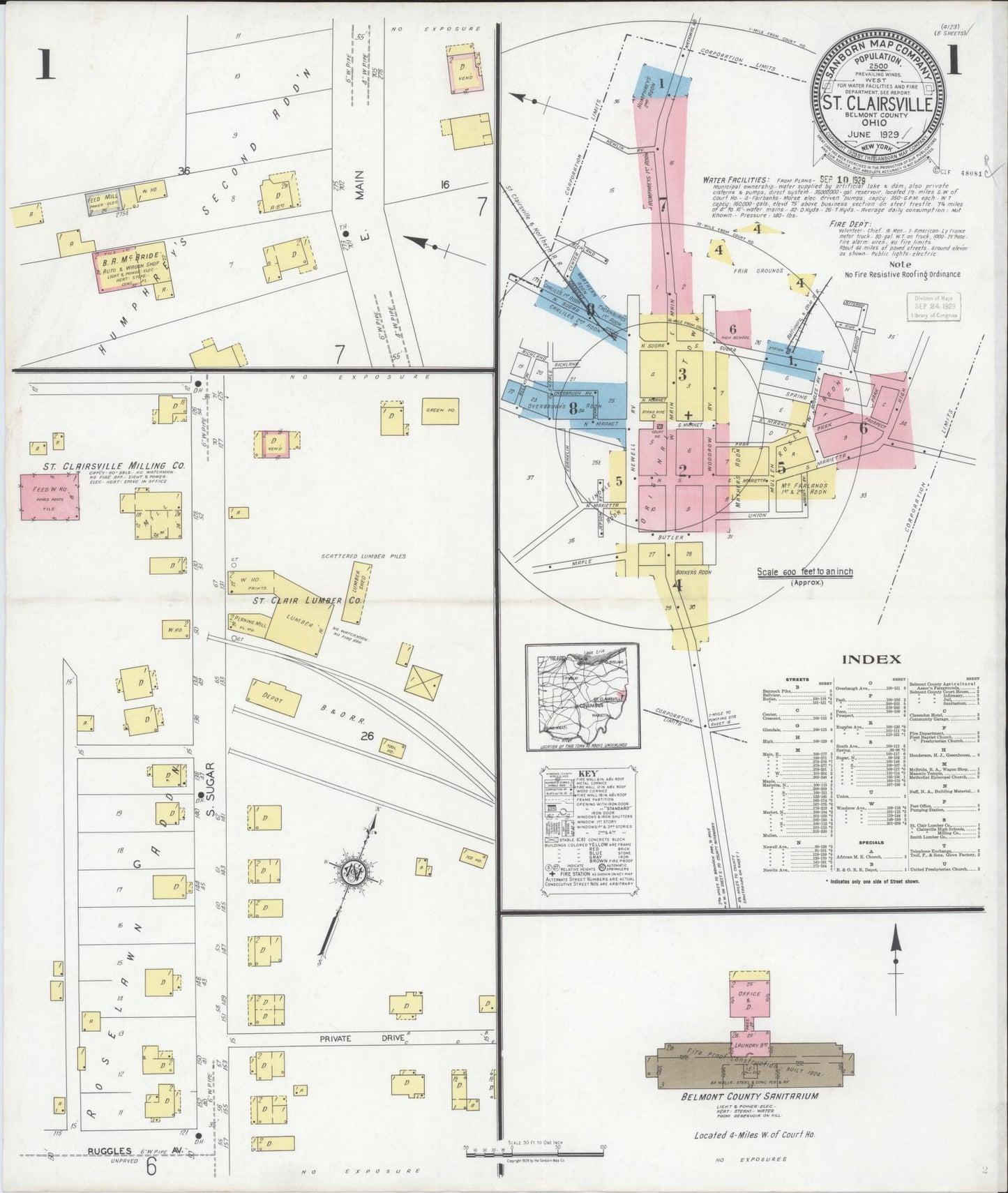Sanborn Fire Insurance Map from Saint Clairsville, Belmont County, Ohio (1929), Sheet #0001 - Complete Map Set gallery image, historic Sanborn map, vintage wall art, Ohio Ohio