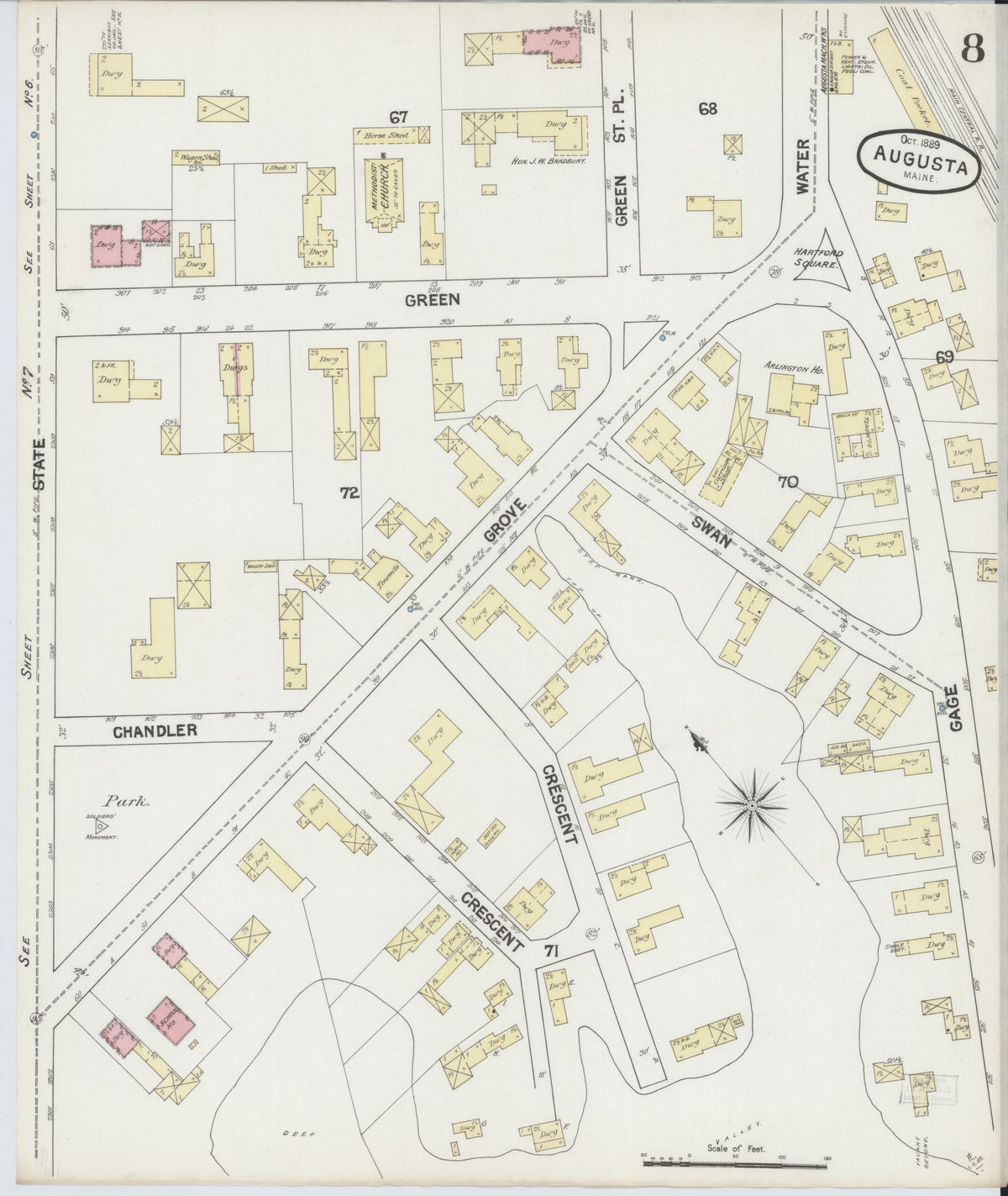 Sanborn Fire Insurance Map from Augusta, Kennebec County, Maine (1889), Sheet #0008 - Complete Map Set gallery image, historic Sanborn map, vintage wall art, Maine Maine