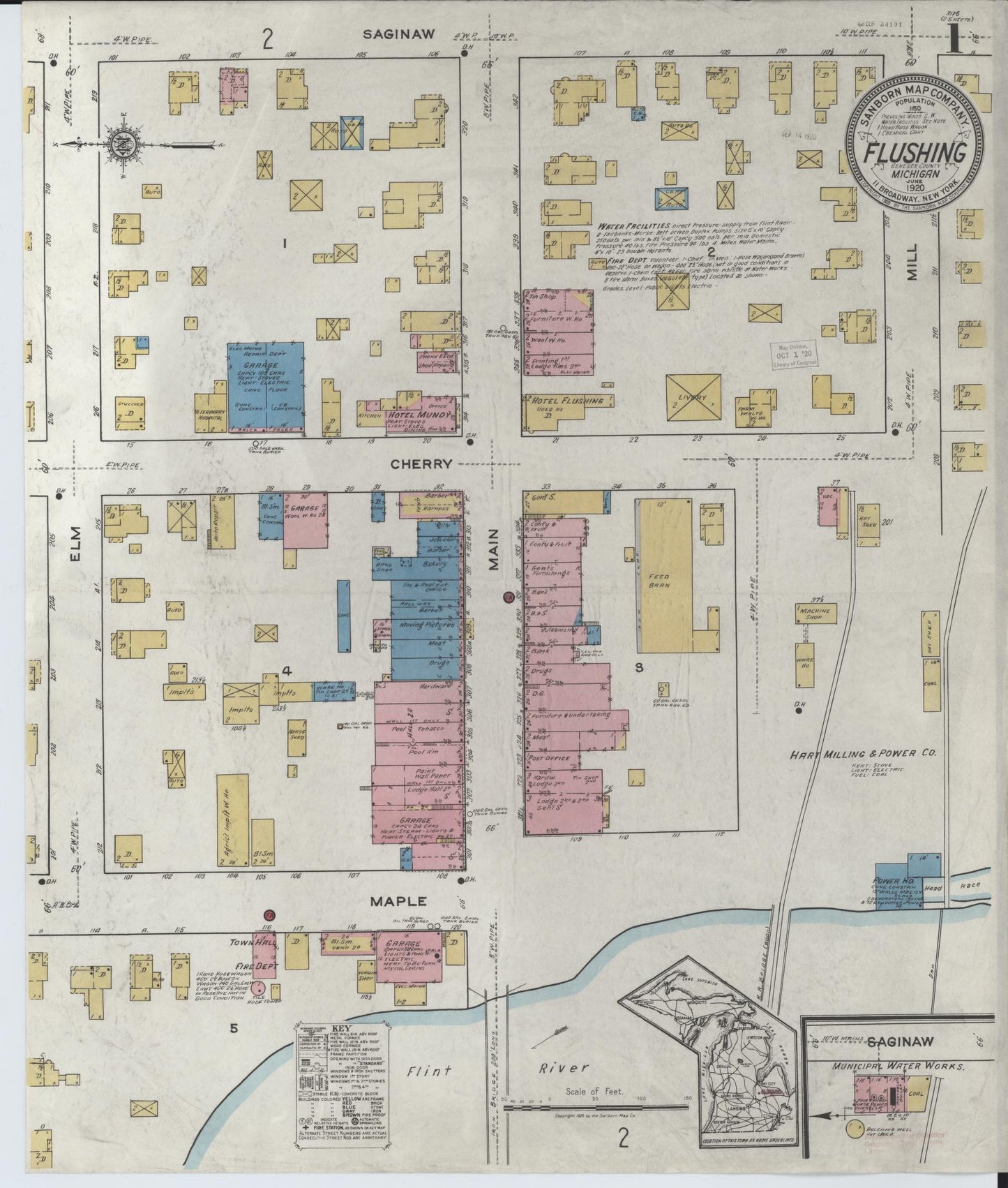 Sanborn Fire Insurance Map from Flushing, Genesee County, Michigan (1920), Sheet #0001 - Complete Map Set gallery image, historic Sanborn map, vintage wall art, Michigan Michigan