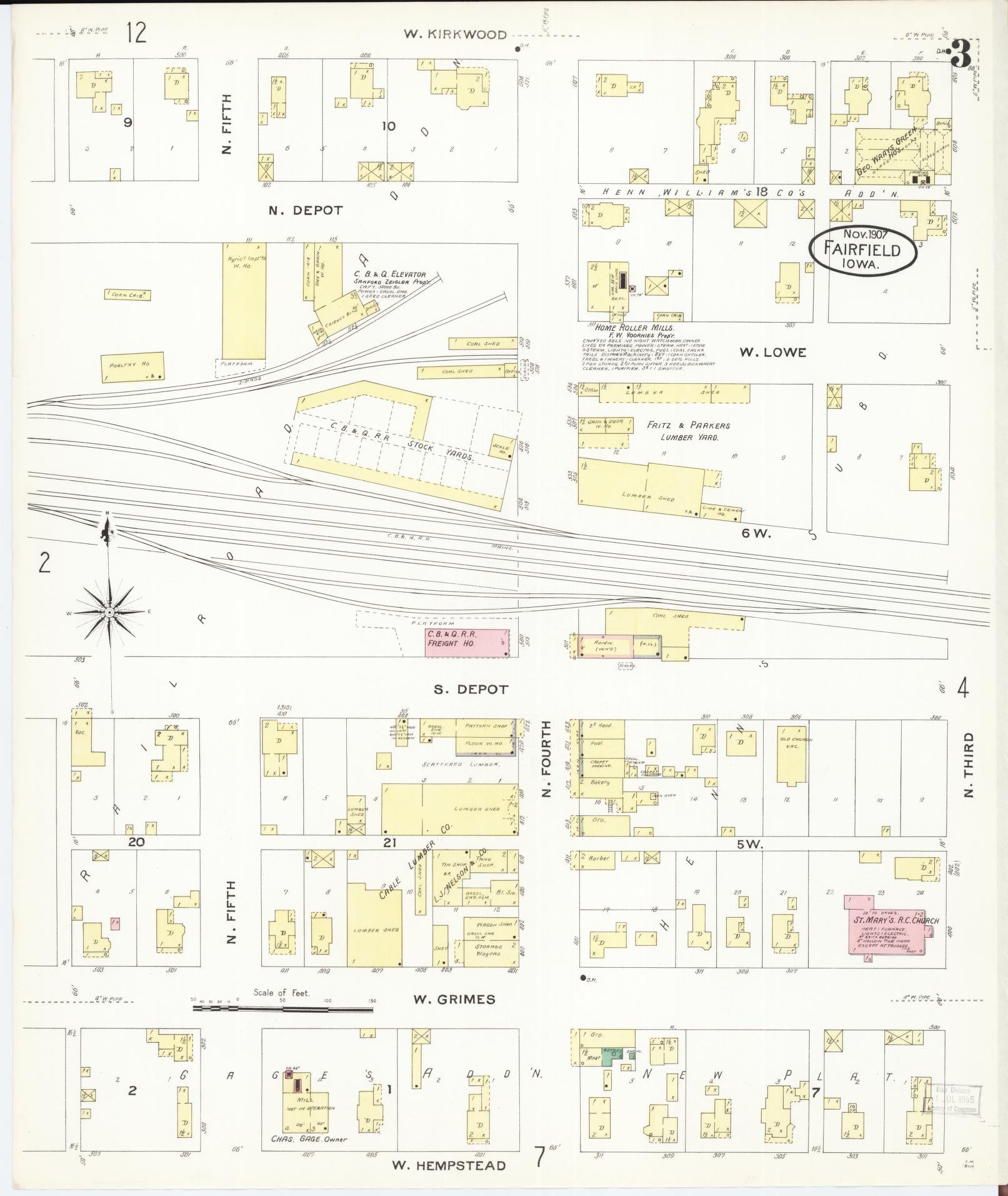 Sanborn Fire Insurance Map from Fairfield, Jefferson County, Iowa (1907), Sheet #0003 - Historic Sanborn Fire Insurance Map Print, vintage old map wall art
