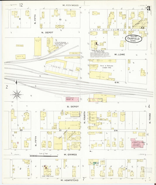 Sanborn Fire Insurance Map from Fairfield, Jefferson County, Iowa (1907), Sheet #0003 - Historic Sanborn Fire Insurance Map Print, vintage old map wall art