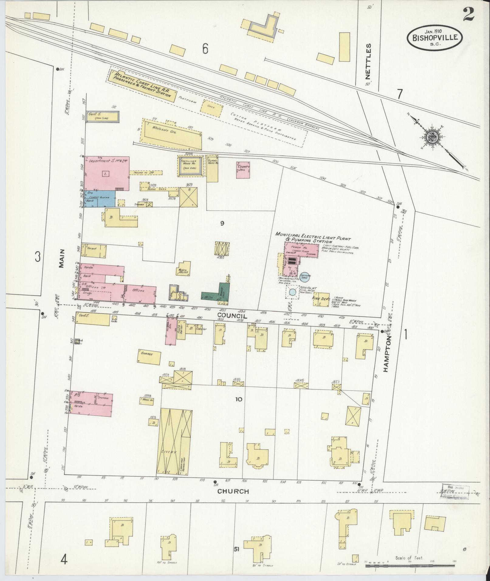 Sanborn Fire Insurance Map from Bishopville, Lee County, South Carolina (1910), Sheet #0002 - Complete Map Set gallery image, historic Sanborn map, vintage wall art, South Carolina South Carolina
