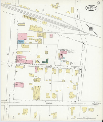 Sanborn Fire Insurance Map from Bishopville, Lee County, South Carolina (1910), Sheet #0002 - Complete Map Set gallery image, historic Sanborn map, vintage wall art, South Carolina South Carolina