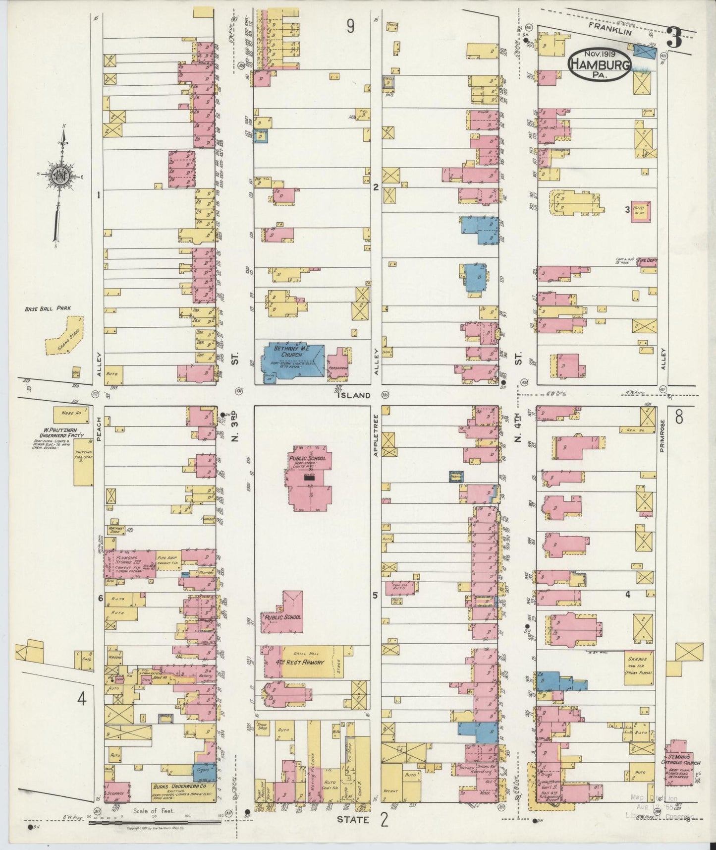 Sanborn Fire Insurance Map from Hamburg, Berks County, Pennsylvania (1919), Sheet #0003 - Historic Sanborn Fire Insurance Map Print, vintage old map wall art, antique decor, genealogy gift, Pennsylvania Pennsylvania map