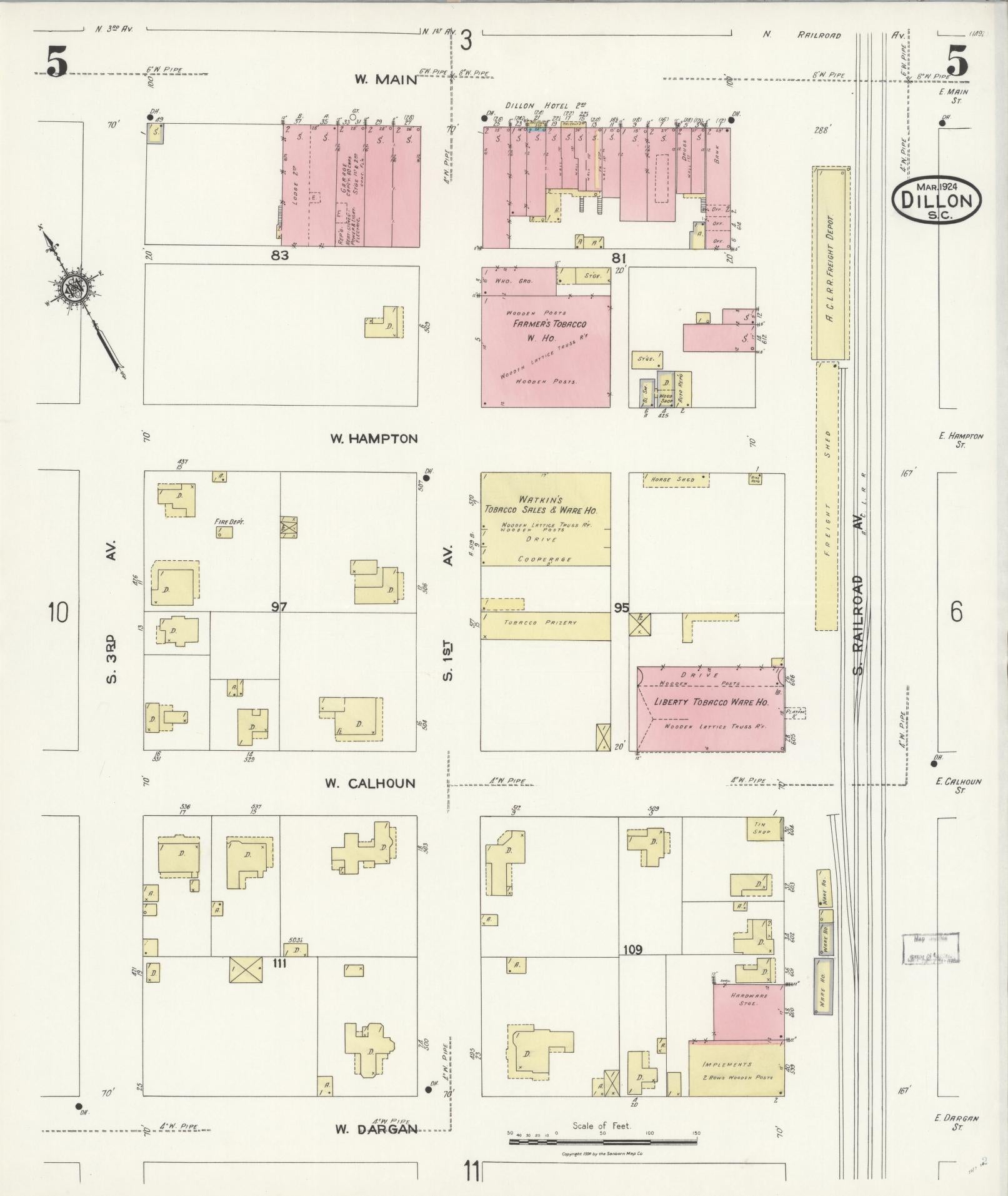 Sanborn Fire Insurance Map from Dillon, Dillon County, South Carolina (1924), Sheet #0005 - Complete Map Set gallery image, historic Sanborn map, vintage wall art, South Carolina South Carolina