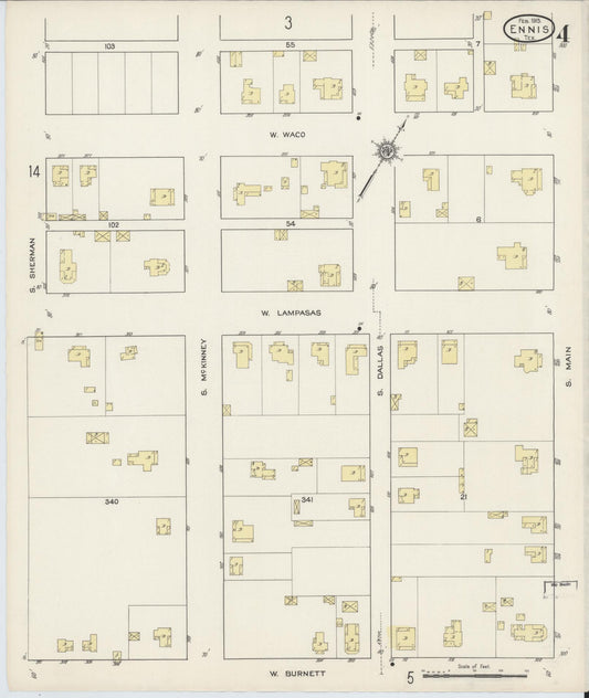 Sanborn Fire Insurance Map from Ennis, Ellis County, Texas (1915), Sheet #0004 - Historic Sanborn Fire Insurance Map Print, vintage old map wall art, antique decor, genealogy gift, Texas Texas map