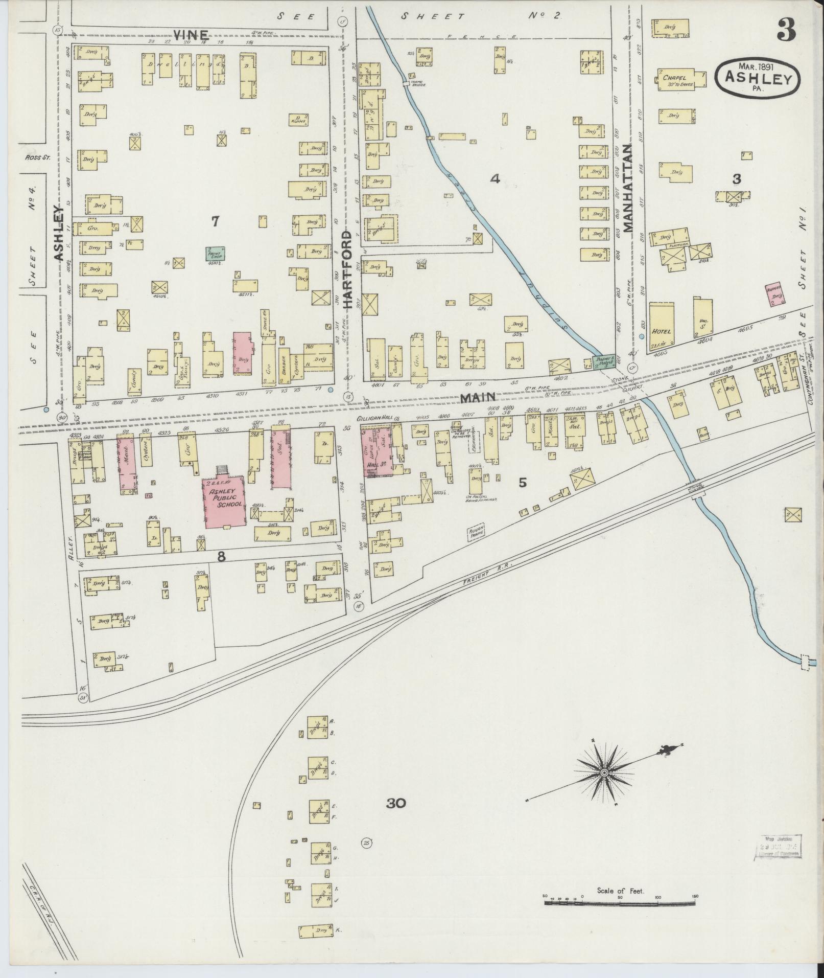 Sanborn Fire Insurance Map from Ashley, Luzerne County, Pennsylvania (1891), Sheet #0003 - Historic Sanborn Fire Insurance Map Print, vintage old map wall art, antique decor, genealogy gift, Pennsylvania Pennsylvania map