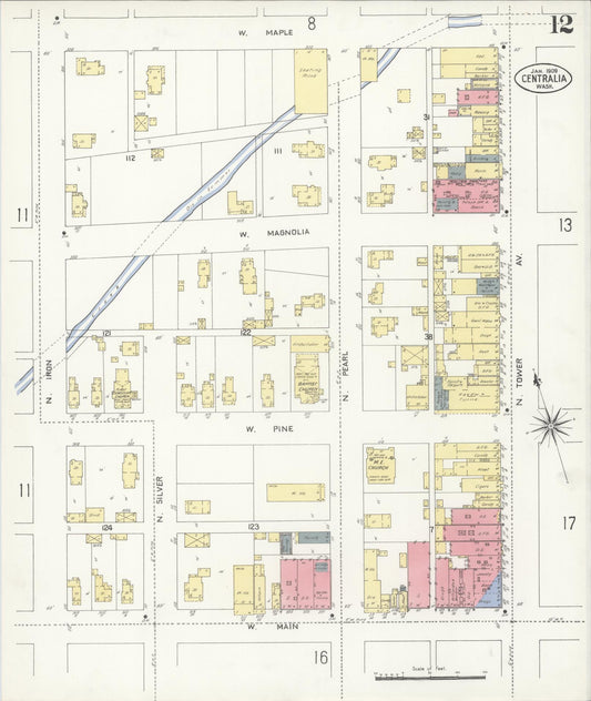 Sanborn Fire Insurance Map from Centralia, Lewis County, Washington (1909), Sheet #0012 - Historic Sanborn Fire Insurance Map Print, vintage old map wall art, antique decor, genealogy gift, Washington Washington map