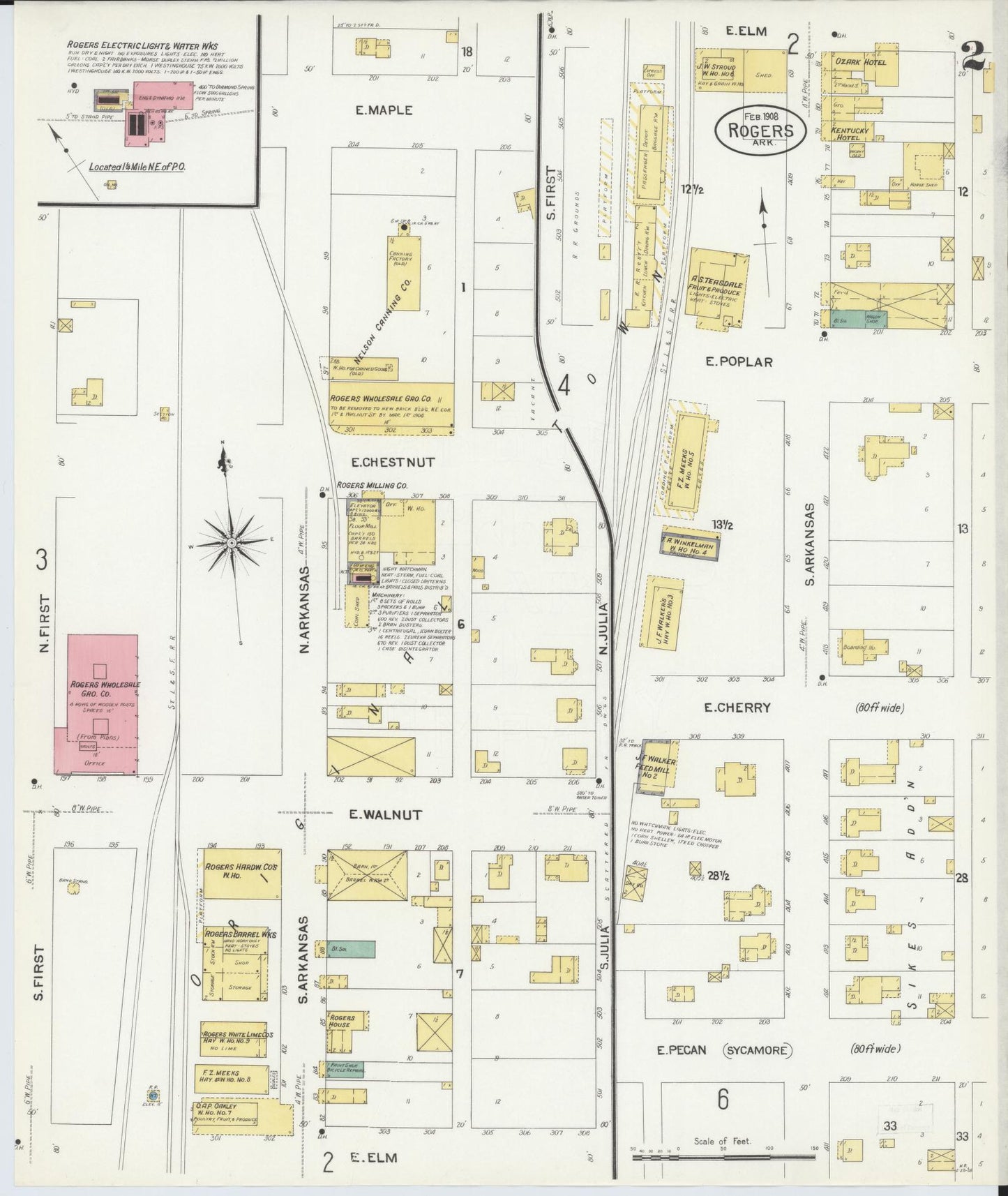 Sanborn Fire Insurance Map from Rogers, Benton County, Arkansas (1908), Sheet #0002 - Historic Sanborn Fire Insurance Map Print, vintage old map wall art, antique decor, genealogy gift, Arkansas Arkansas map