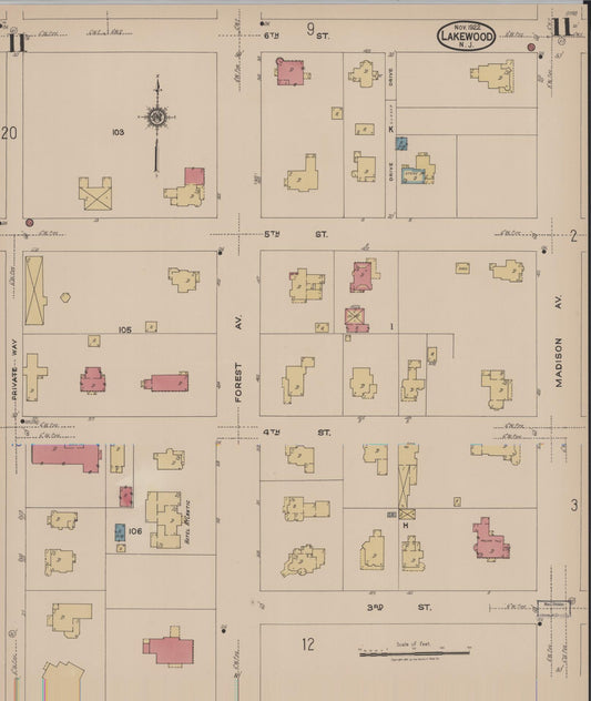 Sanborn Fire Insurance Map from Lakewood, Ocean County, New Jersey (1922), Sheet #0011 - Historic Sanborn Fire Insurance Map Print, vintage old map wall art, antique decor, genealogy gift, New Jersey New Jersey map