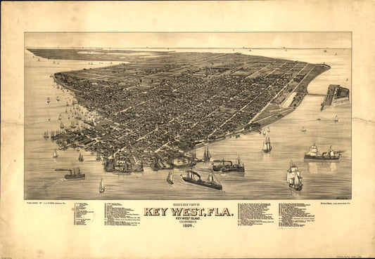 Bird's eye view of Key West, Fla., Key West Island, C.S. Monroe Co., 1884 (1884) – Historic Bird’s-Eye View Panorama Print