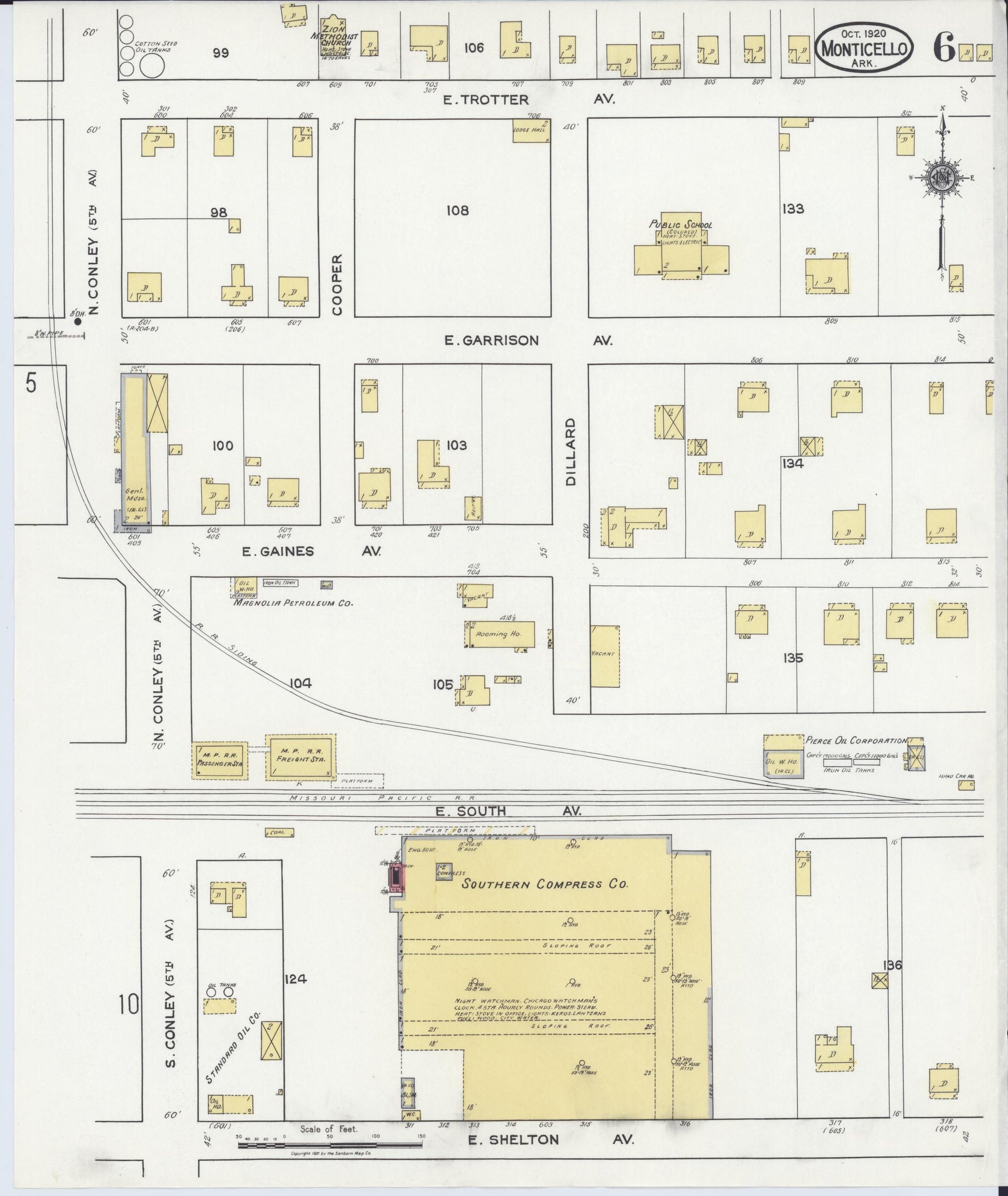 Sanborn Fire Insurance Map from Monticello, Drew County, Arkansas (1920), Sheet #0006 - Historic Sanborn Fire Insurance Map Print, vintage old map wall art, antique decor, genealogy gift, Arkansas Arkansas map
