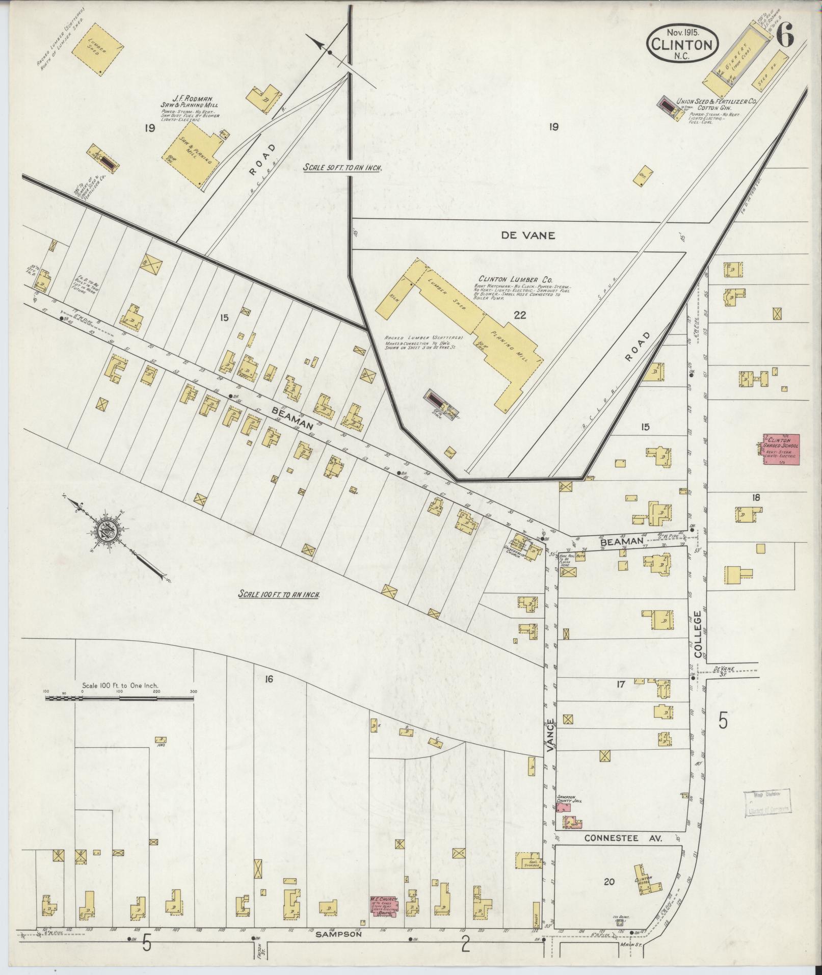 Sanborn Fire Insurance Map from Clinton, Sampson County, North Carolina (1915), Sheet #0006 - Historic Sanborn Fire Insurance Map Print, vintage old map wall art, antique decor, genealogy gift, North Carolina North Carolina map