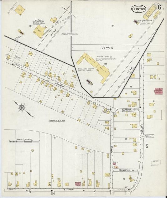 Sanborn Fire Insurance Map from Clinton, Sampson County, North Carolina (1915), Sheet #0006 - Historic Sanborn Fire Insurance Map Print, vintage old map wall art, antique decor, genealogy gift, North Carolina North Carolina map
