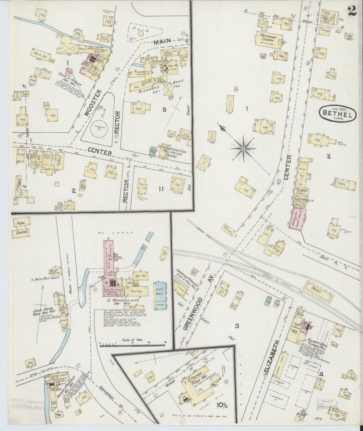 Sanborn Fire Insurance Map from Bethel, Fairfield County, Connecticut (1889), Sheet #0002 - Historic Sanborn Fire Insurance Map Print, vintage old map wall art, antique decor, genealogy gift, Connecticut Connecticut map