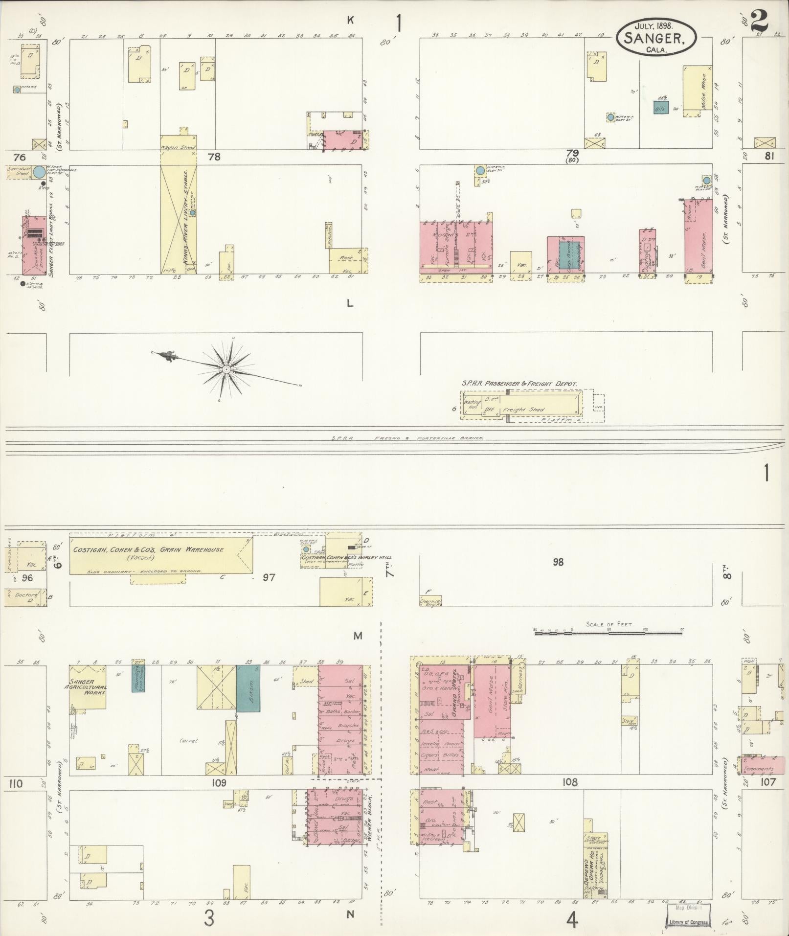 Sanborn Fire Insurance Map from Sanger, Fresno County, California (1898), Sheet #0002 - Complete Map Set gallery image, historic Sanborn map, vintage wall art, California California