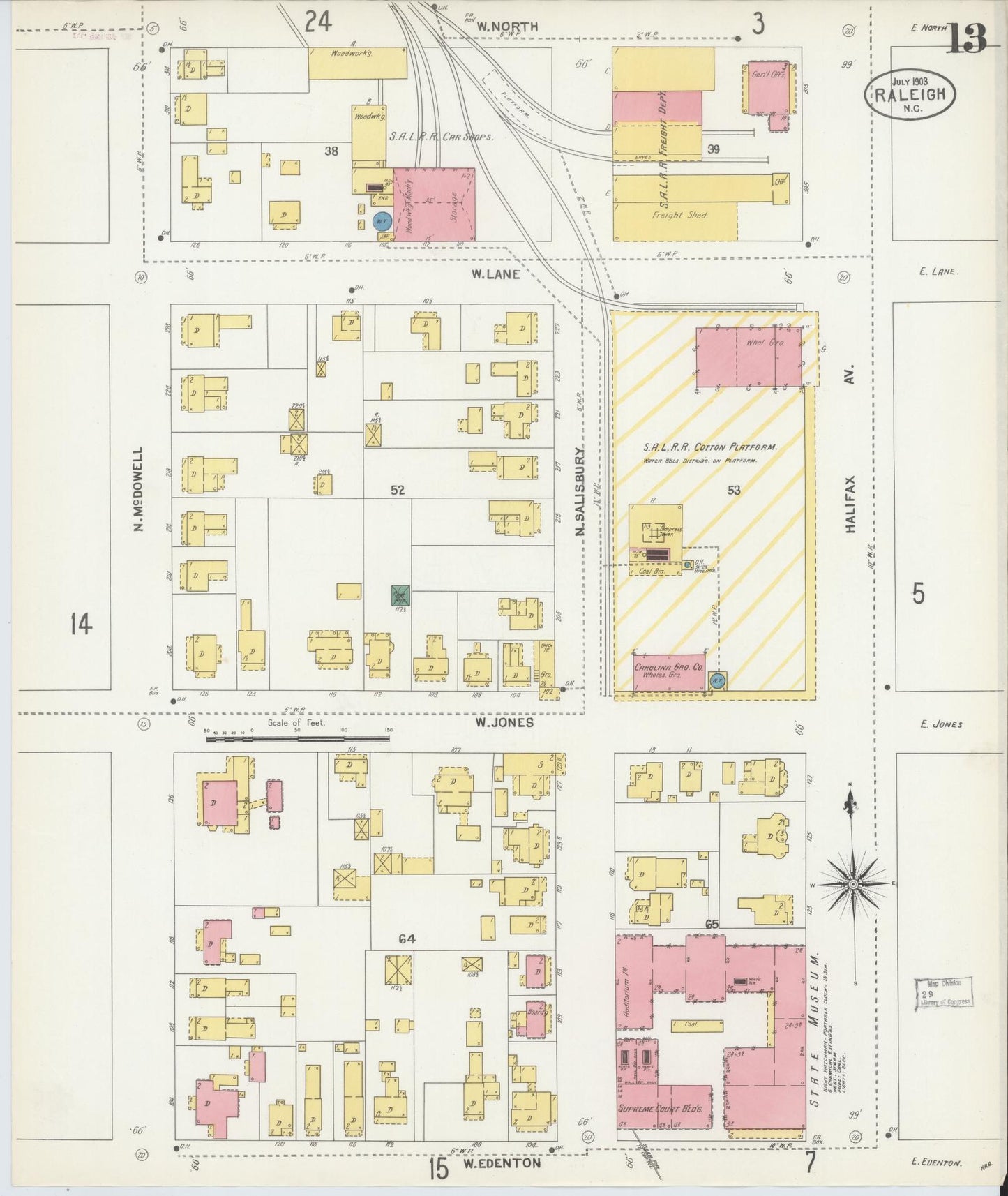 Sanborn Fire Insurance Map from Raleigh, Wake County, North Carolina (1903), Sheet #0013 - Historic Sanborn Fire Insurance Map Print, vintage old map wall art, antique decor, genealogy gift, North Carolina North Carolina map