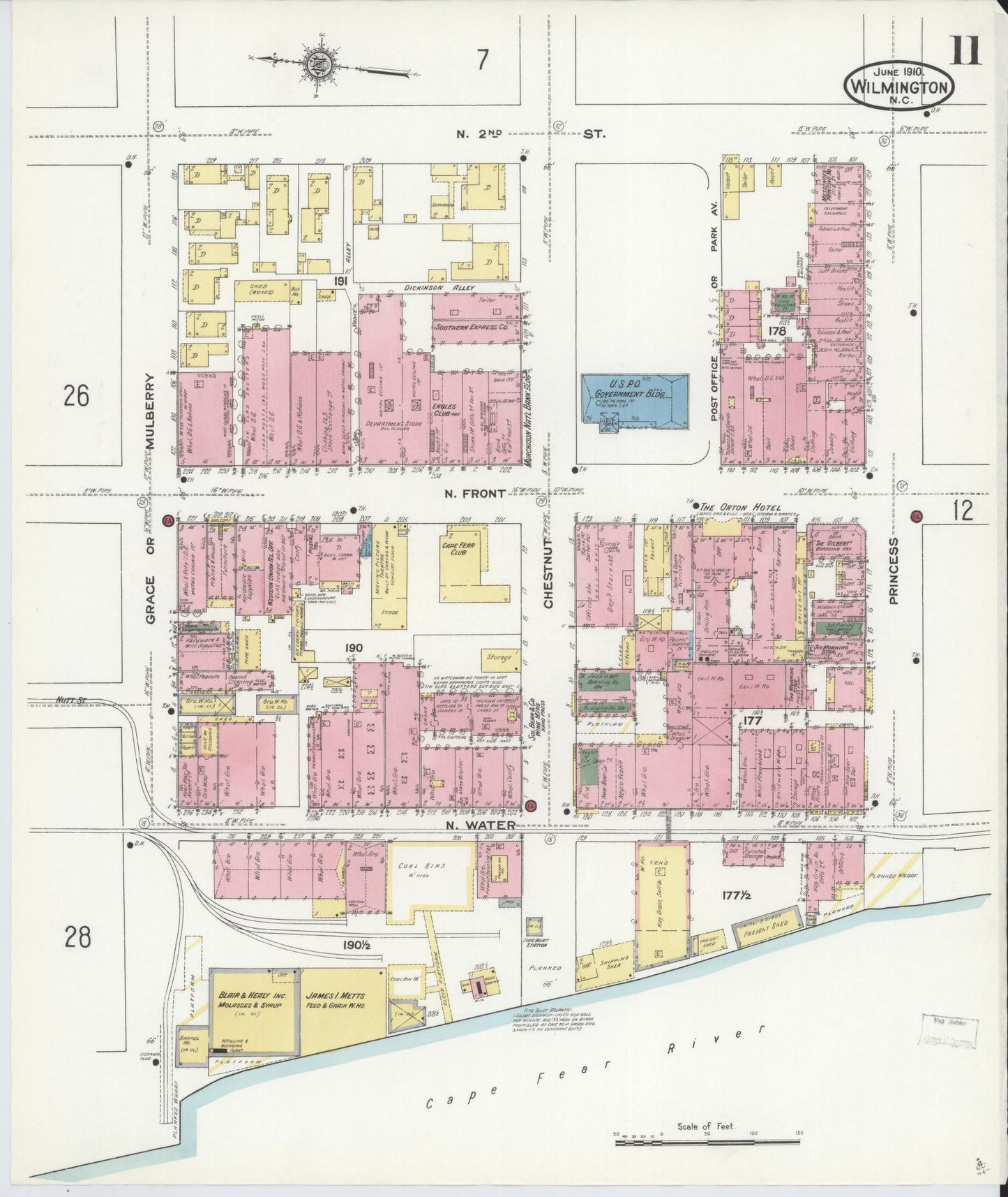 Sanborn Fire Insurance Map from Wilmington, New Hanover County, North Carolina (1910), Sheet #0011 - Complete Map Set gallery image, historic Sanborn map, vintage wall art, North Carolina North Carolina
