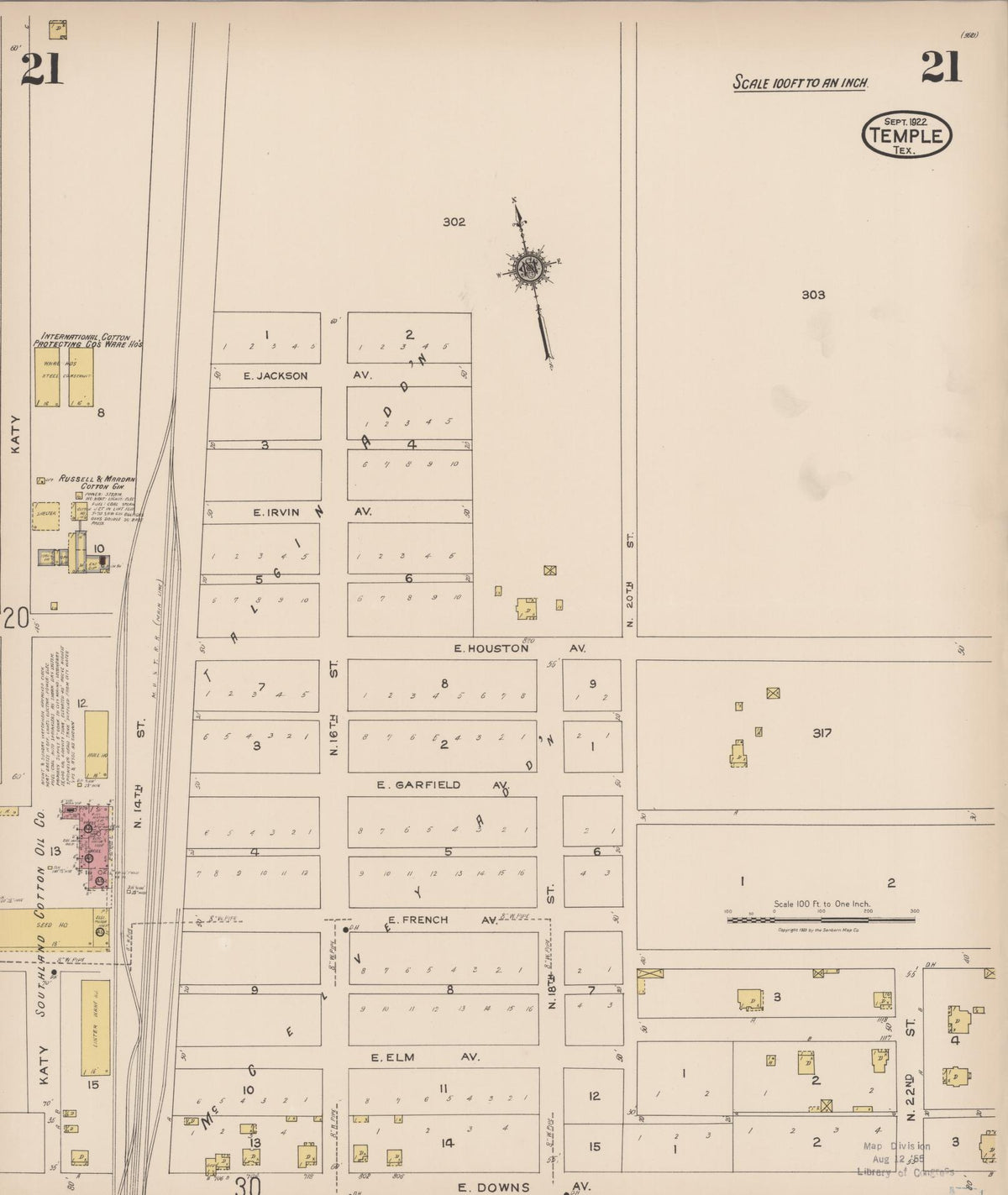 Sanborn Fire Insurance Map from Temple, Bell County, Texas (1922), Sheet #0021 - Historic Sanborn Fire Insurance Map Print, vintage old map wall art, antique decor, genealogy gift, Texas Texas map