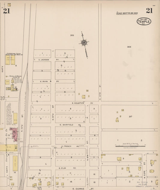 Sanborn Fire Insurance Map from Temple, Bell County, Texas (1922), Sheet #0021 - Historic Sanborn Fire Insurance Map Print, vintage old map wall art, antique decor, genealogy gift, Texas Texas map