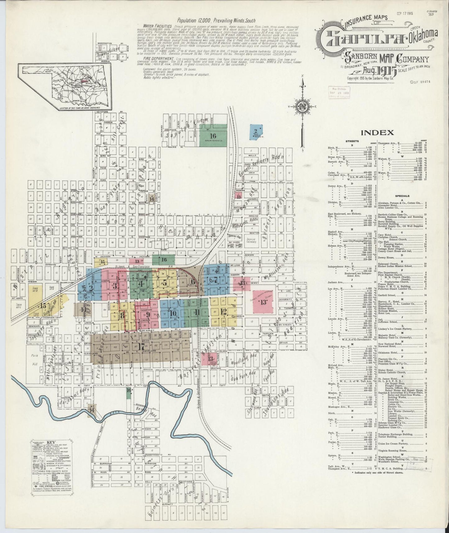 Sanborn Fire Insurance Map from Sapulpa, Creek County, Oklahoma (1915), Sheet #0001 - Complete Map Set gallery image, historic Sanborn map, vintage wall art, Oklahoma Oklahoma