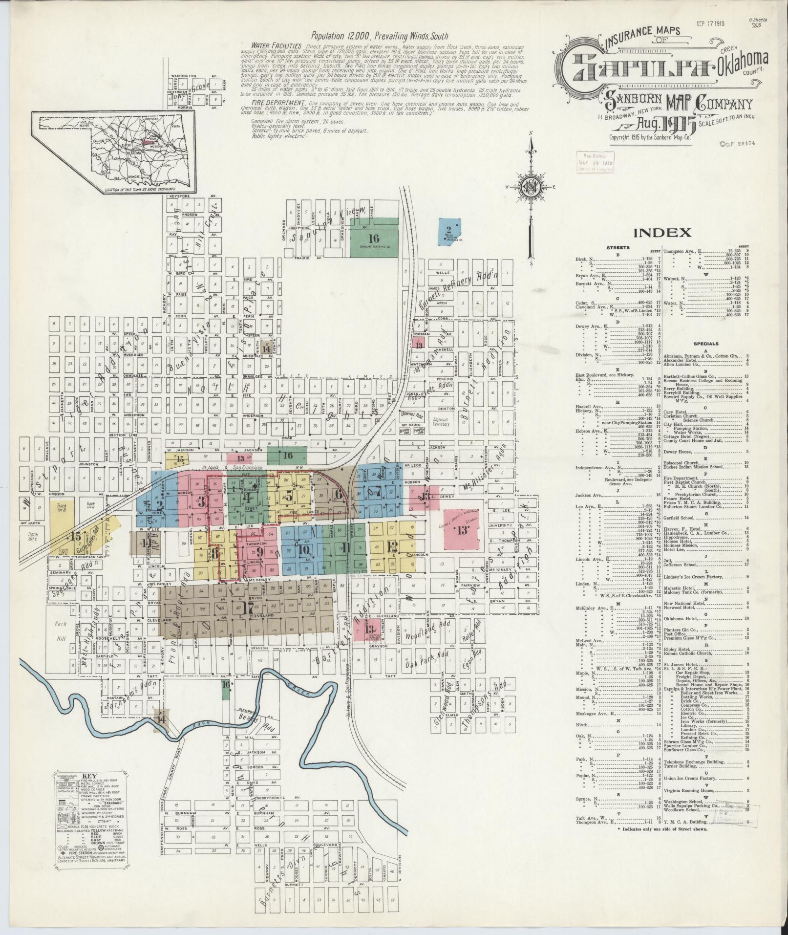 Sanborn Fire Insurance Map from Sapulpa, Creek County, Oklahoma (1915), Sheet #0001 - Complete Map Set gallery image, historic Sanborn map, vintage wall art, Oklahoma Oklahoma