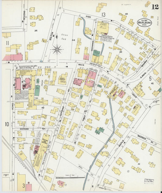Sanborn Fire Insurance Map from Marlborough, Middlesex County, Massachusetts (1901), Sheet #0012 - Historic Sanborn Fire Insurance Map Print, vintage old map wall art, antique decor, genealogy gift, Massachusetts Massachusetts map