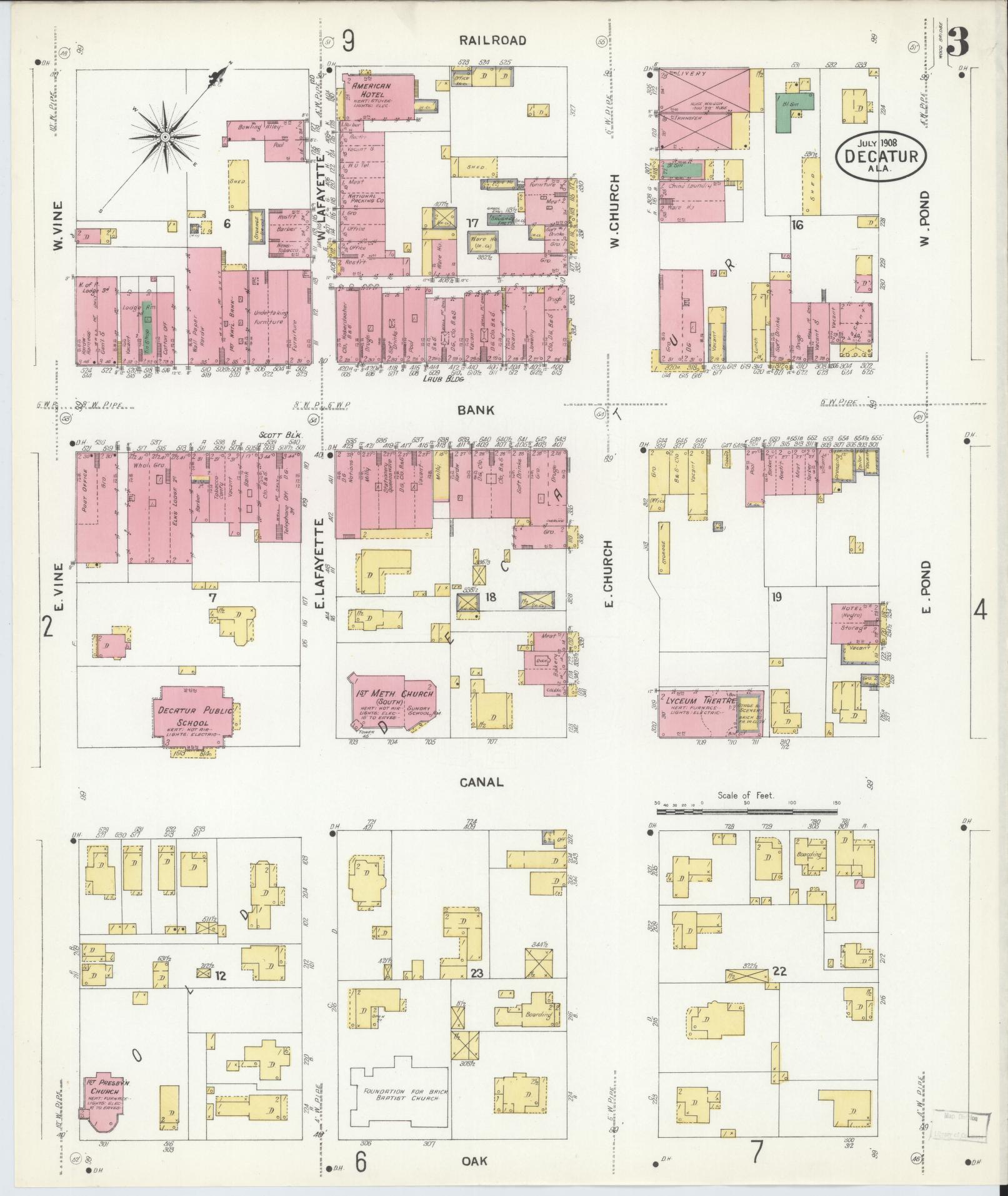 Sanborn Fire Insurance Map from Decatur, Morgan County, Alabama (1908), Sheet #0003 - Historic Sanborn Fire Insurance Map Print, vintage old map wall art, antique decor, genealogy gift, Alabama Alabama map