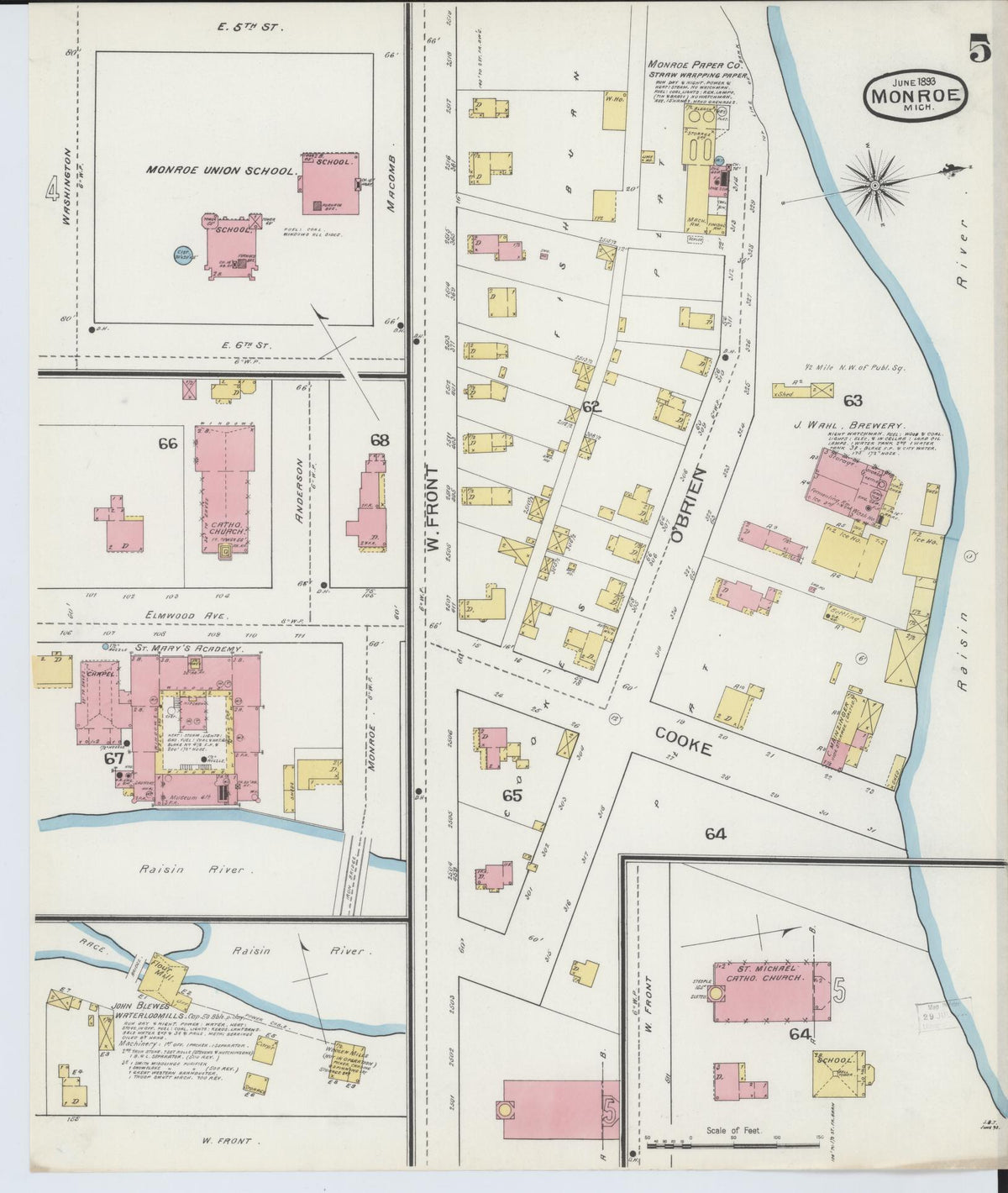 Sanborn Fire Insurance Map from Monroe, Monroe County, Michigan (1893), Sheet #0005 - Historic Sanborn Fire Insurance Map Print, vintage old map wall art, antique decor, genealogy gift, Michigan Michigan map