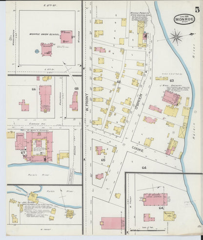Sanborn Fire Insurance Map from Monroe, Monroe County, Michigan (1893), Sheet #0005 - Historic Sanborn Fire Insurance Map Print, vintage old map wall art, antique decor, genealogy gift, Michigan Michigan map