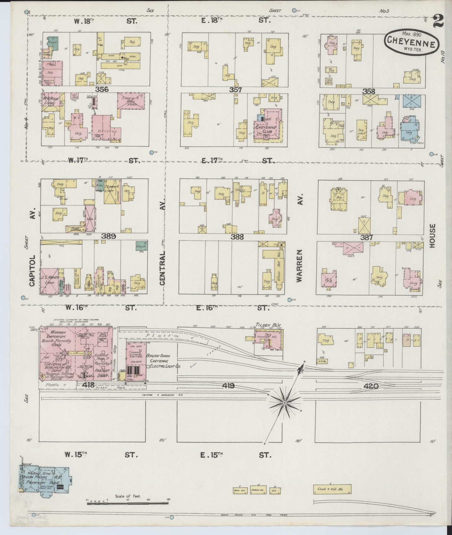 Sanborn Fire Insurance Map from Cheyenne, Laramie County, Wyoming (1890), Sheet #0002 - Historic Sanborn Fire Insurance Map Print, vintage old map wall art, antique decor, genealogy gift, Wyoming Wyoming map