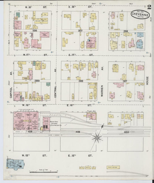Sanborn Fire Insurance Map from Cheyenne, Laramie County, Wyoming (1890), Sheet #0002 - Historic Sanborn Fire Insurance Map Print, vintage old map wall art, antique decor, genealogy gift, Wyoming Wyoming map