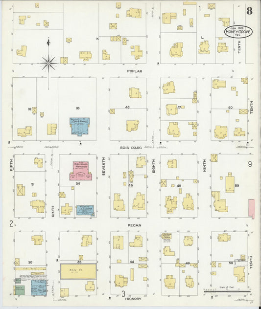 Sanborn Fire Insurance Map from Honey Grove, Fannin County, Texas (1909), Sheet #0008 - Historic Sanborn Fire Insurance Map Print, vintage old map wall art, antique decor, genealogy gift, Texas Texas map