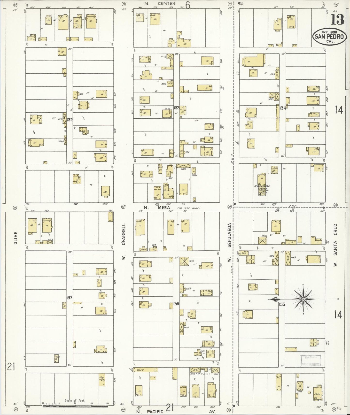 Sanborn Fire Insurance Map from San Pedro, Los Angeles County, California (1908), Sheet #0013 - Complete Map Set gallery image, historic Sanborn map, vintage wall art, California California