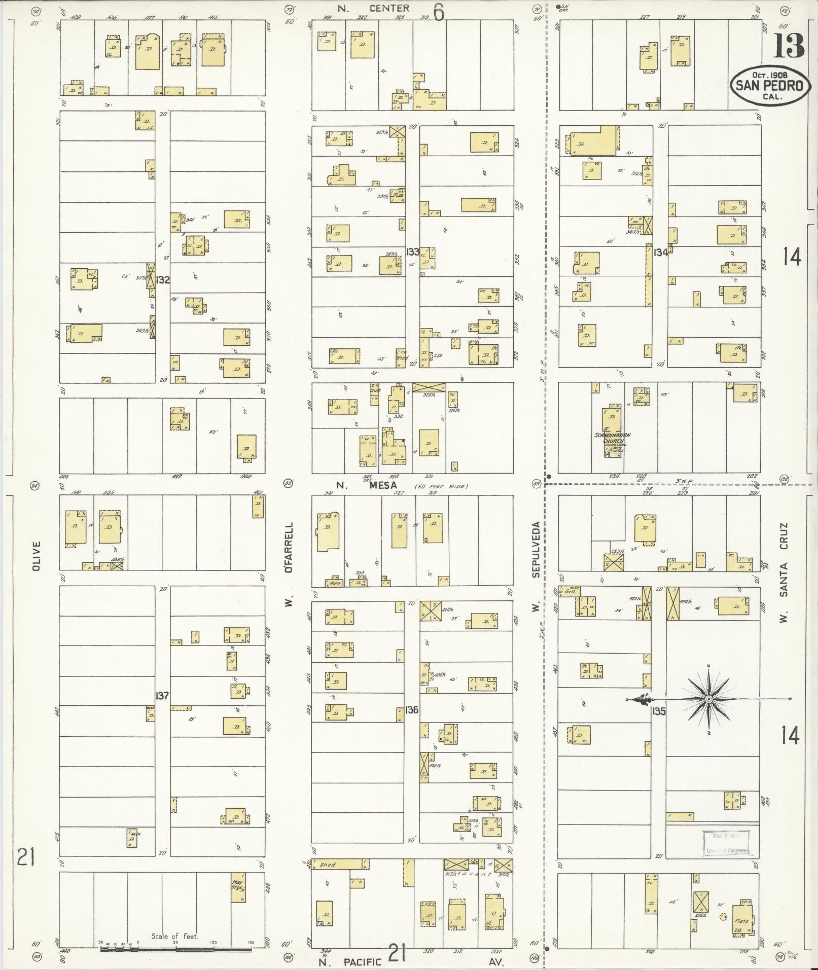 Sanborn Fire Insurance Map from San Pedro, Los Angeles County, California (1908), Sheet #0013 - Complete Map Set gallery image, historic Sanborn map, vintage wall art, California California