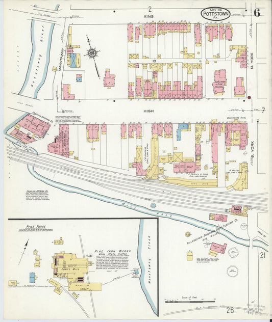 Sanborn Fire Insurance Map from Pottstown, Montgomery County, Pennsylvania (1916), Sheet #0006 - Historic Sanborn Fire Insurance Map Print, vintage old map wall art, antique decor, genealogy gift, Pennsylvania Pennsylvania map