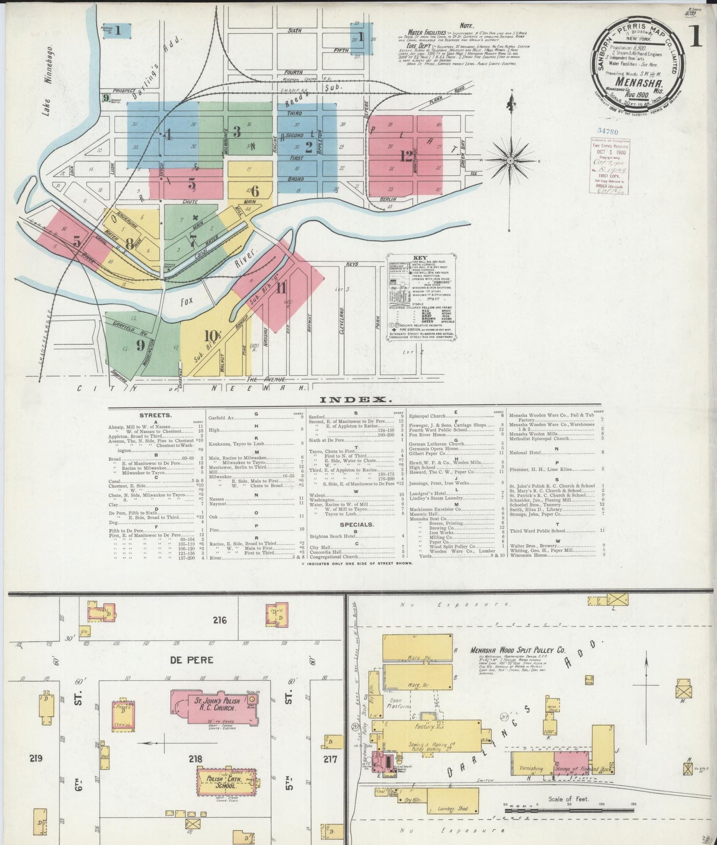 Sanborn Fire Insurance Map from Menasha, Winnebago County, Wisconsin (1900), Sheet #0001 - Complete Map Set gallery image, historic Sanborn map, vintage wall art, Wisconsin Wisconsin