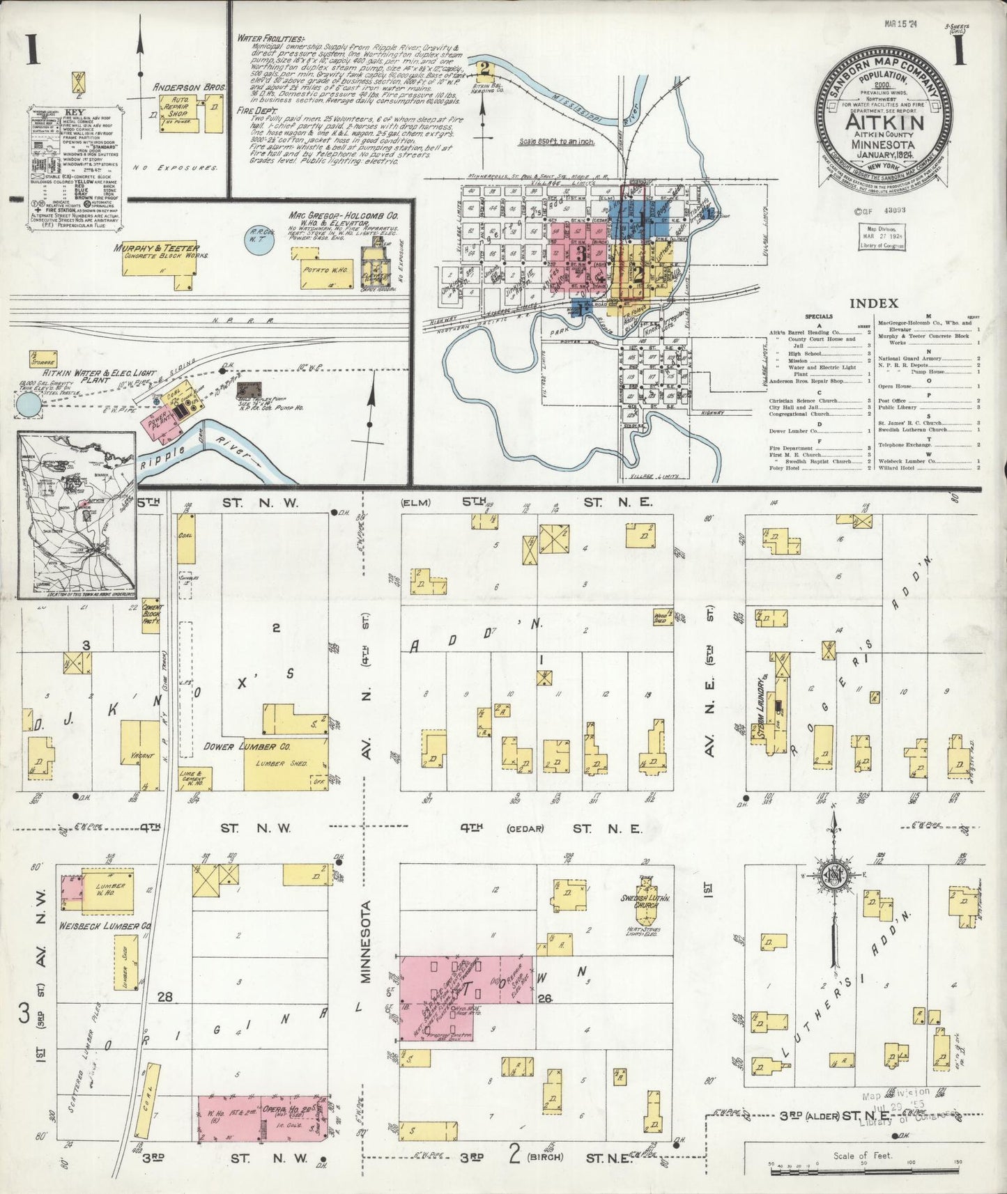 Sanborn Fire Insurance Map from Aitkin, Aitkin County, Minnesota (1924), Sheet #0001 - Historic Sanborn Fire Insurance Map Print, vintage old map wall art, antique decor, genealogy gift, Minnesota Minnesota map