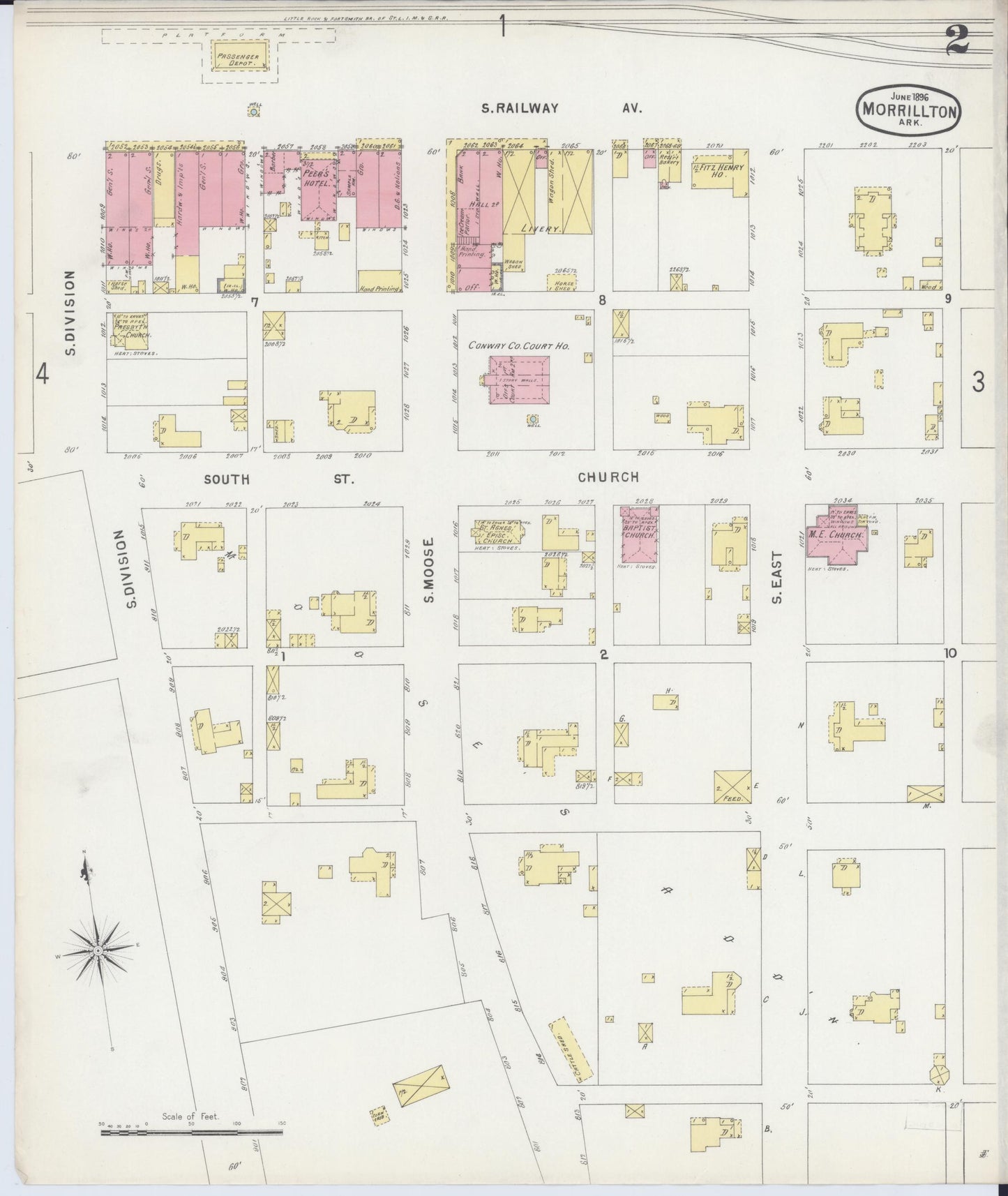 Sanborn Fire Insurance Map from Morrilton, Conway County, Arkansas (1896), Sheet #0002 - Historic Sanborn Fire Insurance Map Print, vintage old map wall art, antique decor, genealogy gift, Arkansas Arkansas map