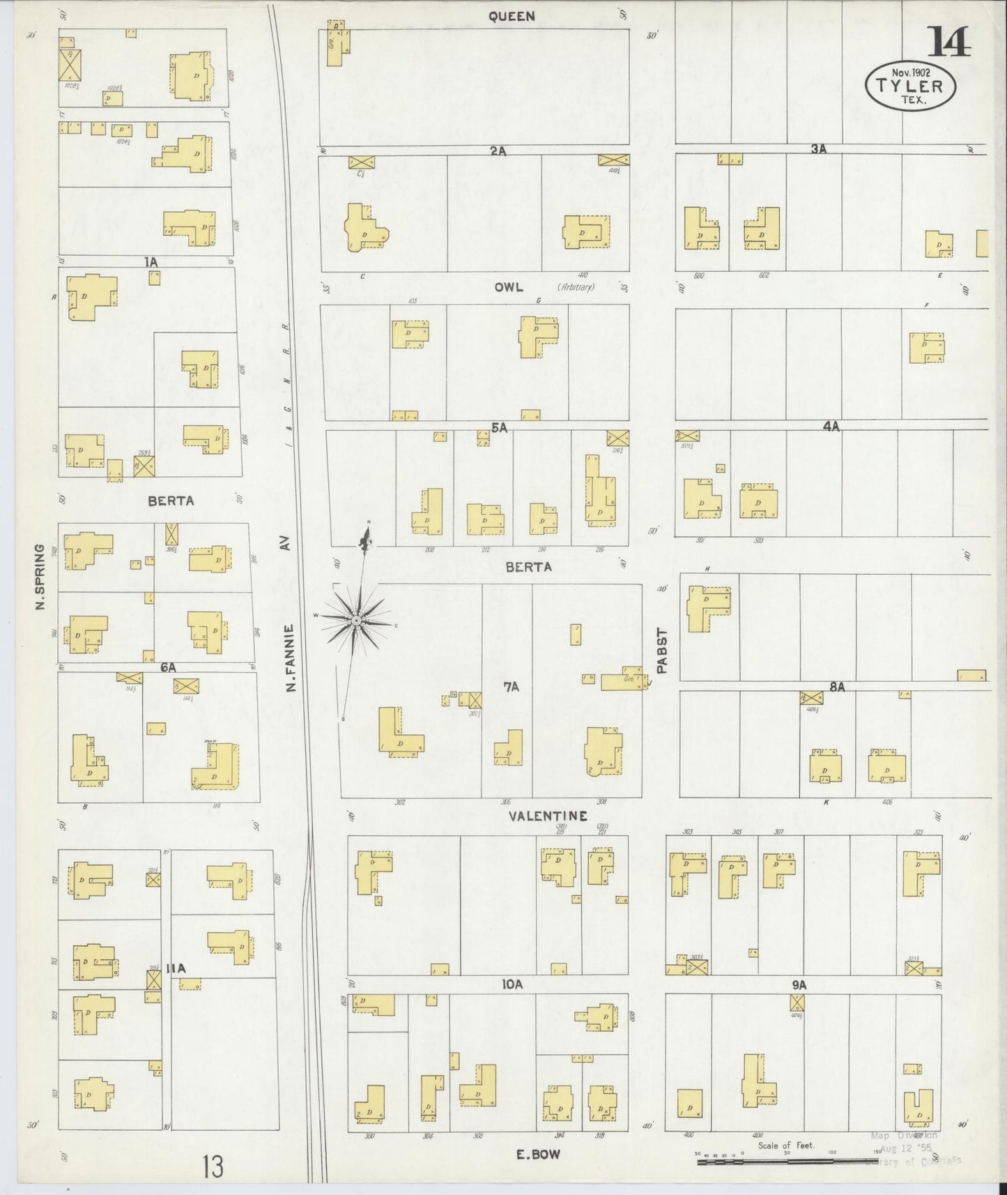 Sanborn Fire Insurance Map from Tyler, Smith County, Texas (1902), Sheet #0014 - Historic Sanborn Fire Insurance Map Print, vintage old map wall art, antique decor, genealogy gift, Texas Texas map