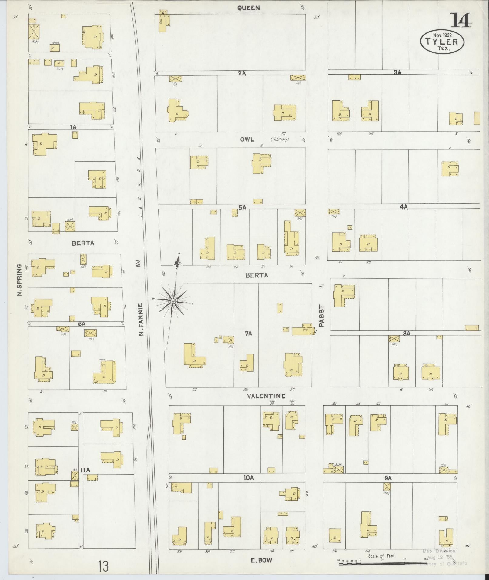 Sanborn Fire Insurance Map from Tyler, Smith County, Texas (1902), Sheet #0014 - Historic Sanborn Fire Insurance Map Print, vintage old map wall art, antique decor, genealogy gift, Texas Texas map